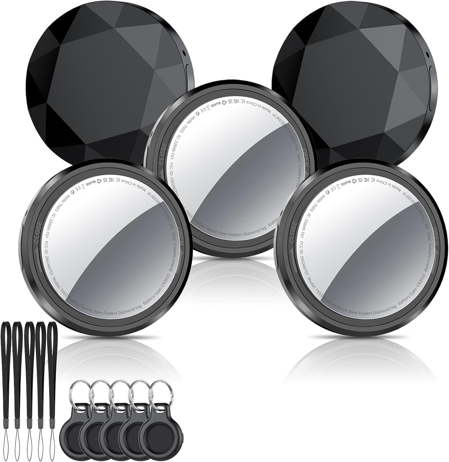 QCOQ Apple MFi Certified Air Tracker Tags (iOS Only) – 5-Pack Bluetooth 5.3 Find My tracker with replaceable battery, black