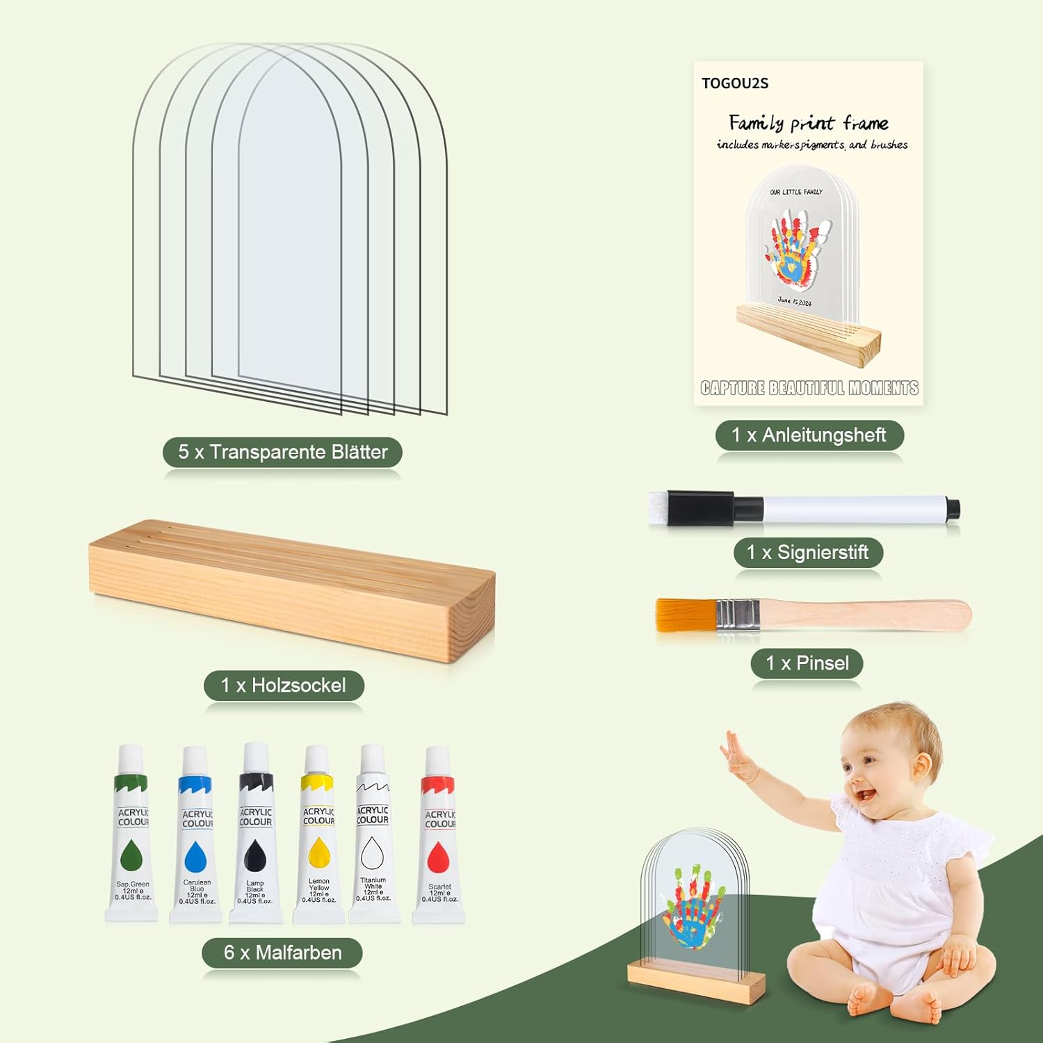 Thumbnail 1 de TOGOU2S Handabdruck Set Familie (Platz für 5), Fingerfarben ungiftig – Baby- und Fußabdrücke im Bilderrahmen