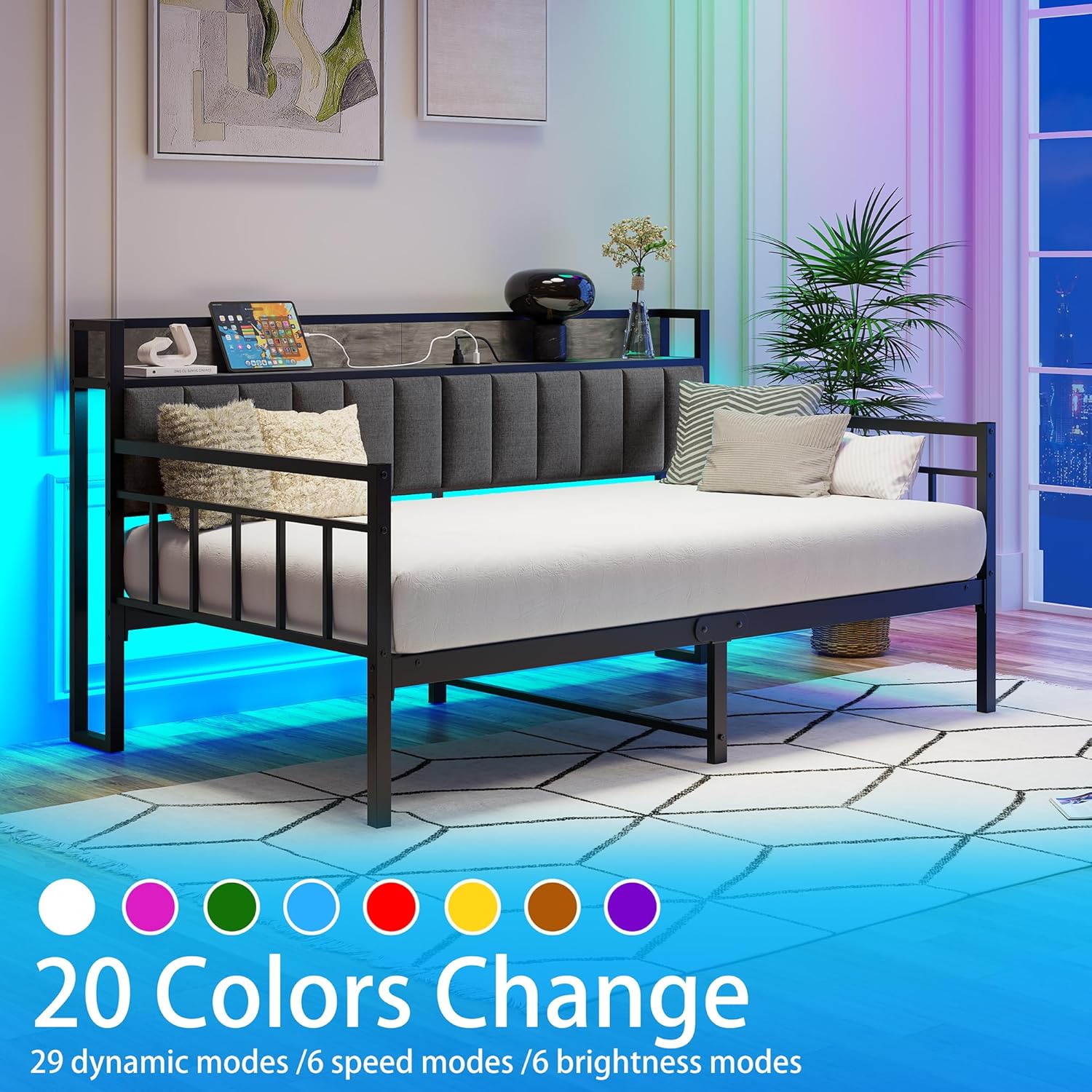 Detalle 2 de BOFENG Twin Daybed Frame with LED Lighting, Charging Station and Storage Headboard