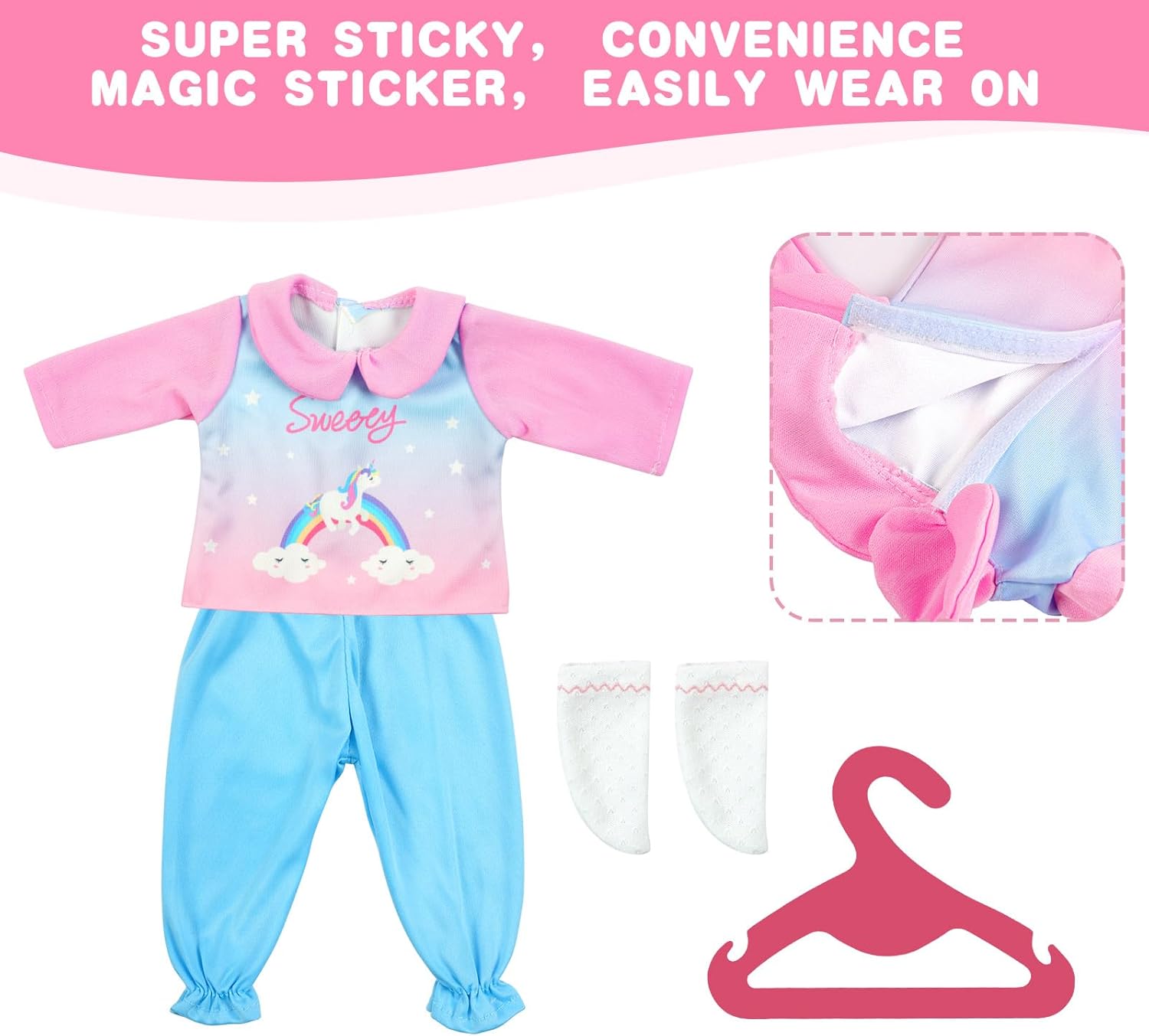 Detalle 2 de Aolso 4-pack baby doll clothes for 14–18 inch (35–45 cm) dolls – unicorn outfits with socks and hangers