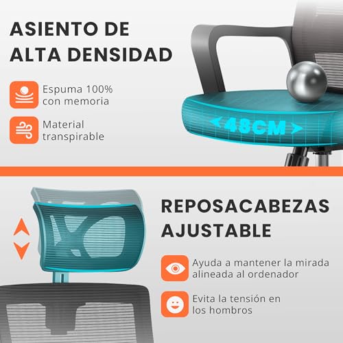 Detalle de JUPPLIES silla de escritorio ergonómica ajustable y reclinable con soporte lumbar, reposacabezas y malla transpirable (hasta 120 kg, negro)