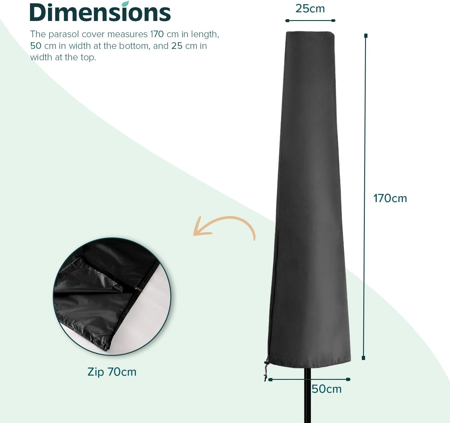 Detalle 2 de Flatro Parasol Covers Waterproof with Zipper (170 x 25 x 50 cm) – Heavy-Duty, UV-Resistant Garden Umbrella Cover