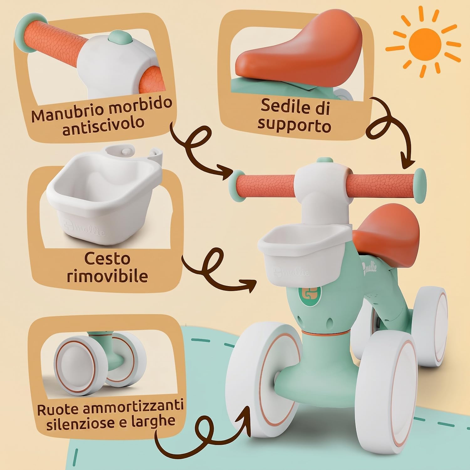 Detalle de Mallie® Bicicletta Senza Pedali con cestino – Balance Bike per bambini 1–2 anni