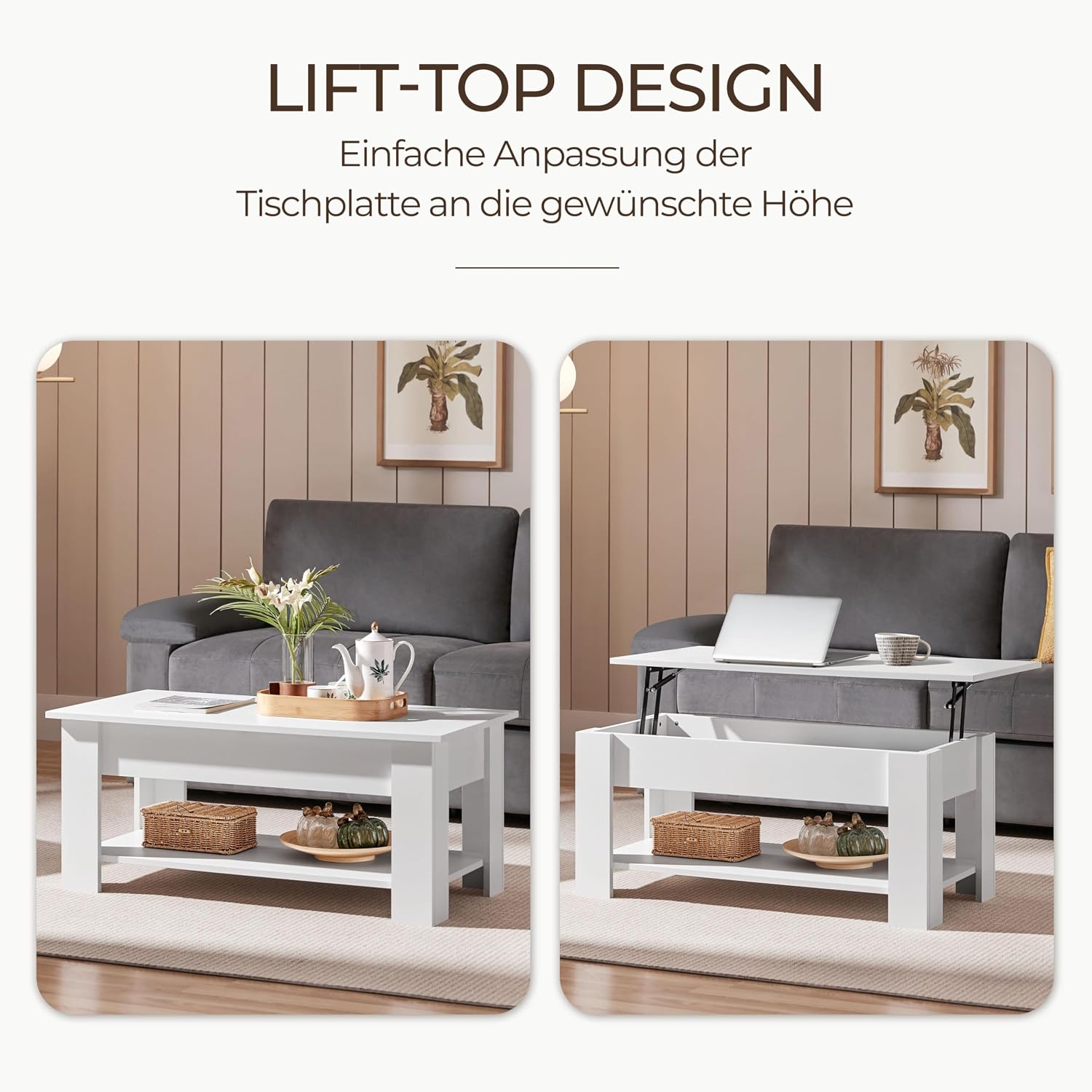 Thumbnail 6 de Yaheetech Couchtisch mit Höhenverstellbarer Platte – Kaffeetisch mit Lift-Top, weiß