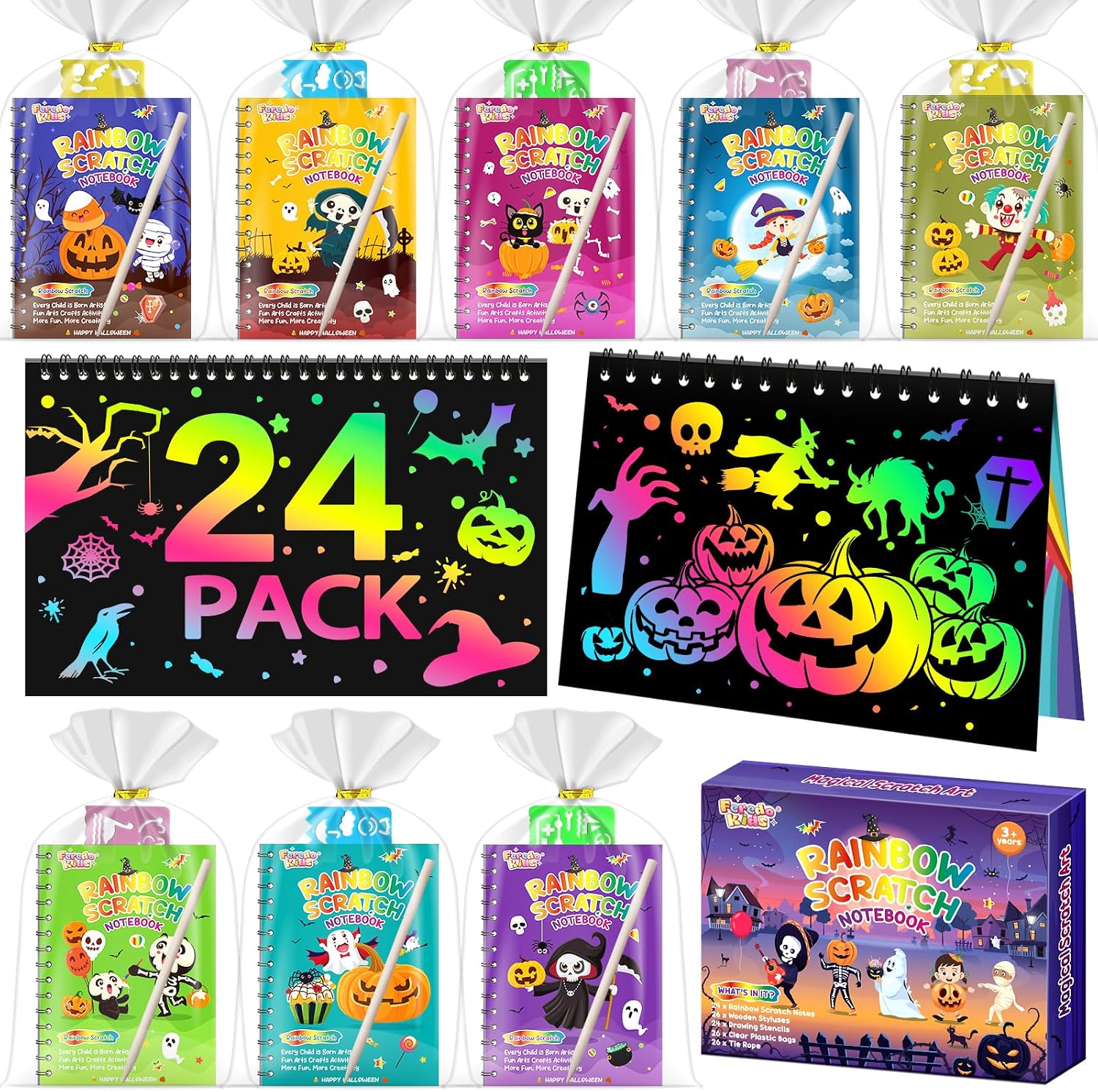 Detalle de FEREDO KIDS 24-Pack Rainbow Scratch Art Notebooks with Halloween Designs