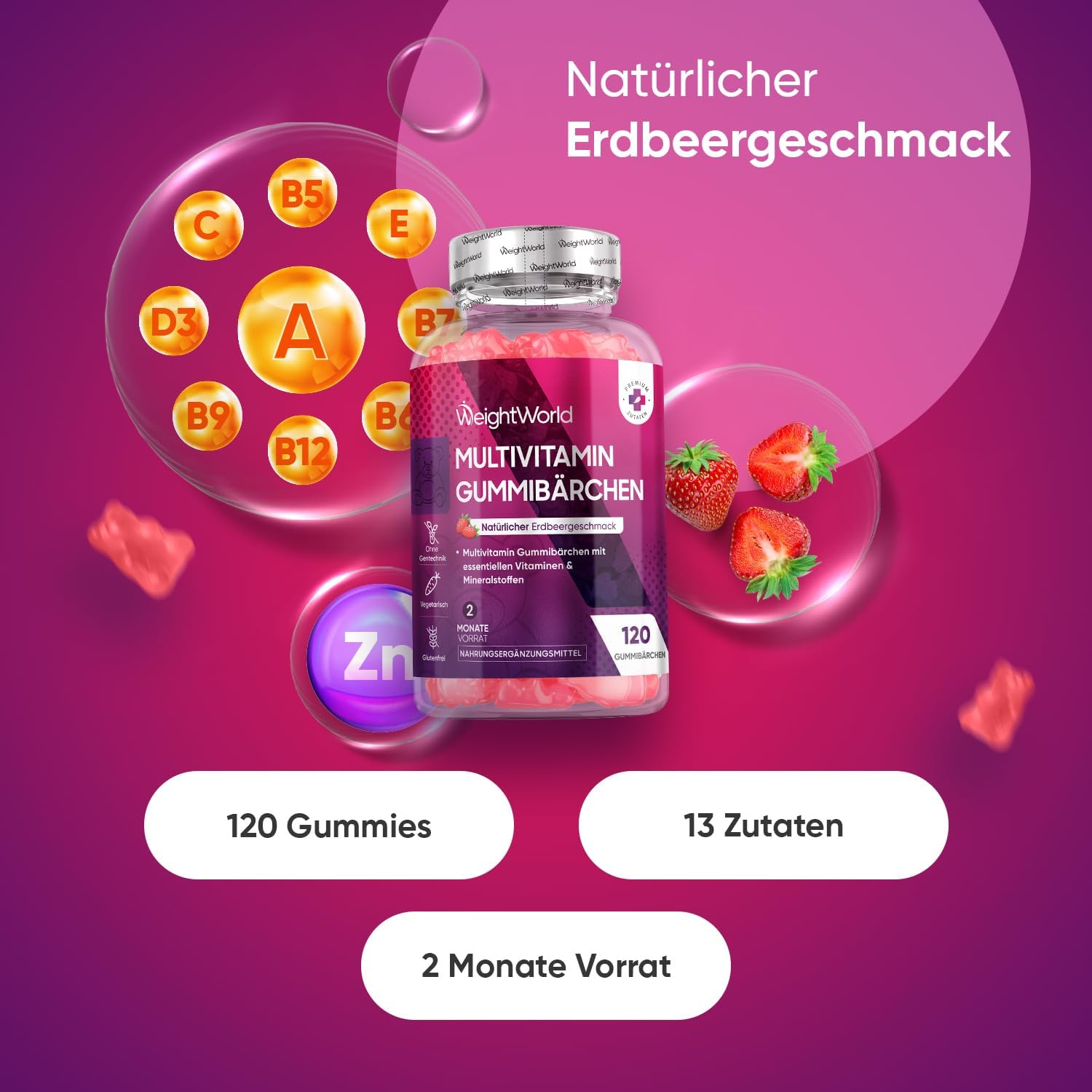 Thumbnail 1 de WeightWorld Multivitamin Gummibärchen – 120 Gummies mit 13 Zutaten (u. a. Zink, Vitamin C, D3, A, E) im Erdbeergeschmack
