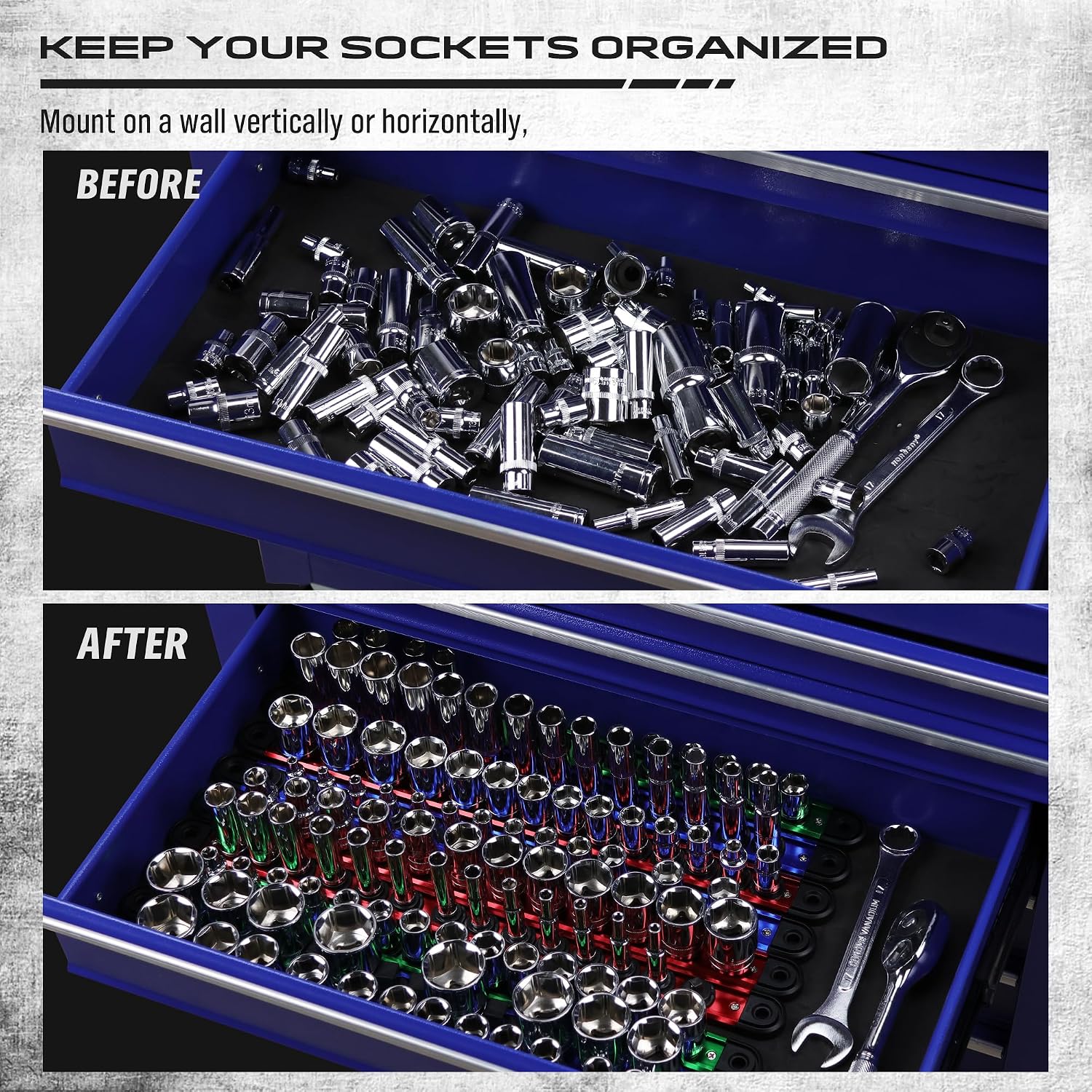 Detalle de Magnetic Socket Holder Organizer Set (9-Piece) for 1/4, 3/8, and 1/2 Sockets — Detachable Rail Trays