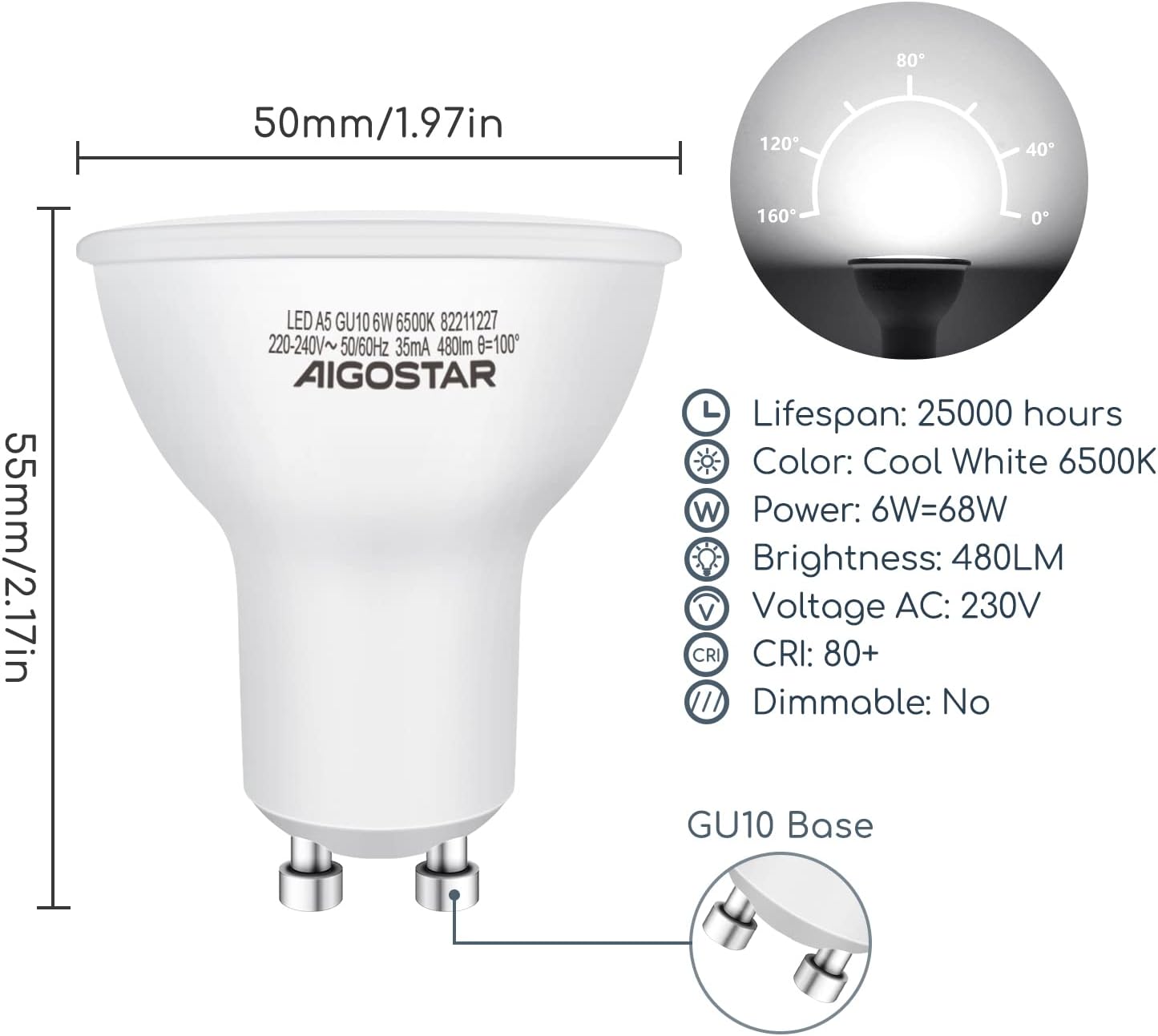 Thumbnail 1 de Aigostar Lampadina LED GU10 6W, 6400K, 440 lm, pacco da 5