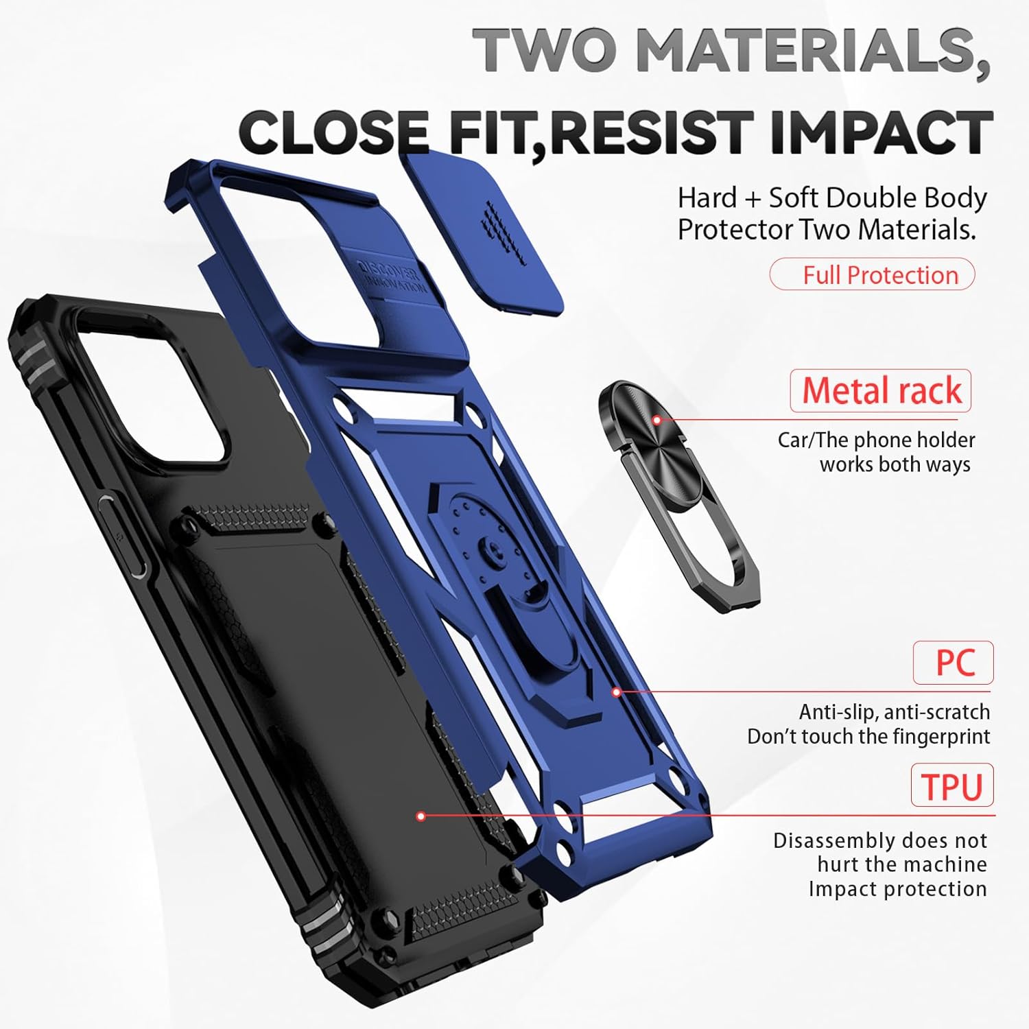 Thumbnail 4 de Yiakeng iPhone 15 Pro Max Case with Screen Protector – Military Grade 20ft Drop Tested, Slide Camera Cover & Magnetic Kickstand (Blue)