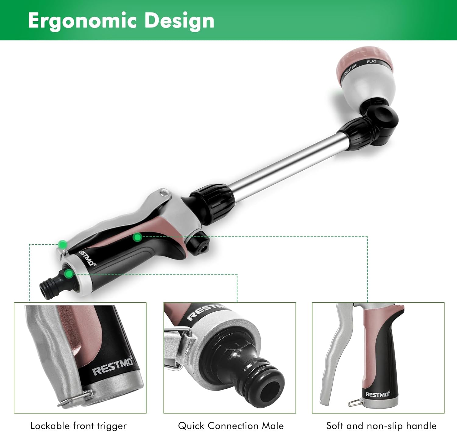Detalle de RESTMO 48cm Watering Lance: 180° Swivel Head, 7 spray patterns