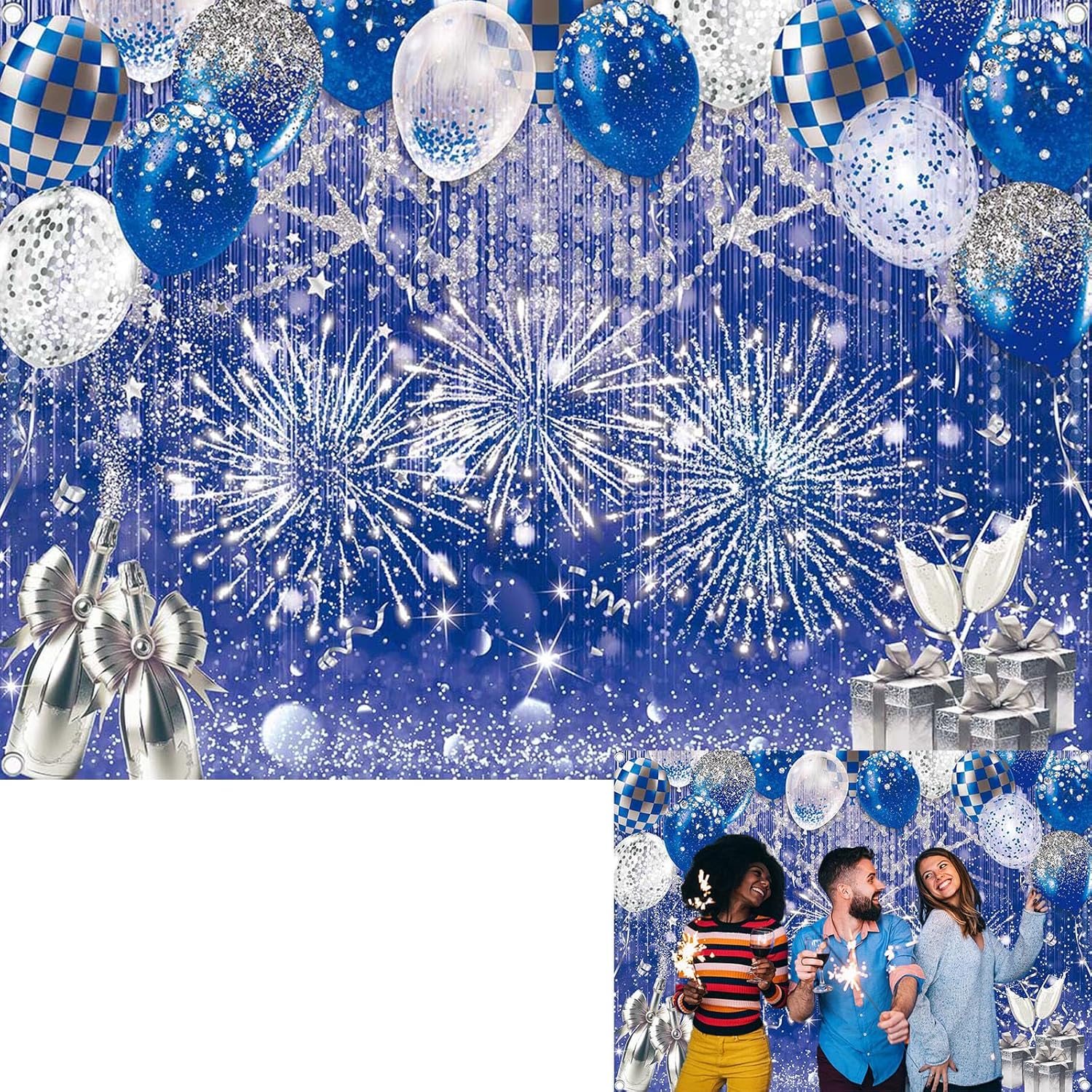 Blue Silver Glitter Vinyl Photography Backdrop (7x5FT) for Prom, Graduation, Wedding & Birthday Parties