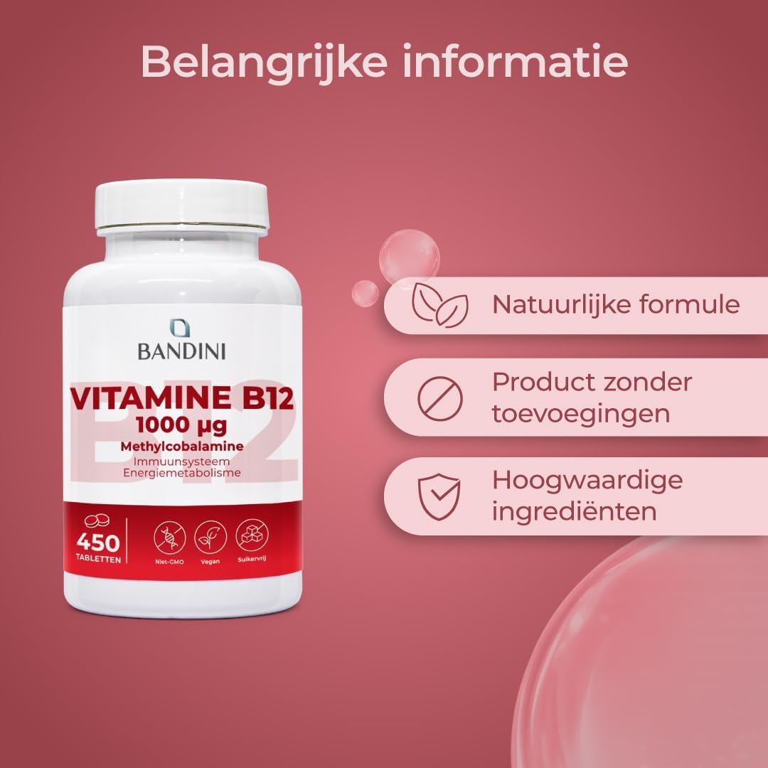 Detalle de BANDINI Vitamine B12, 450 veganistische tabletten met 1.000 µg methylcobalamine