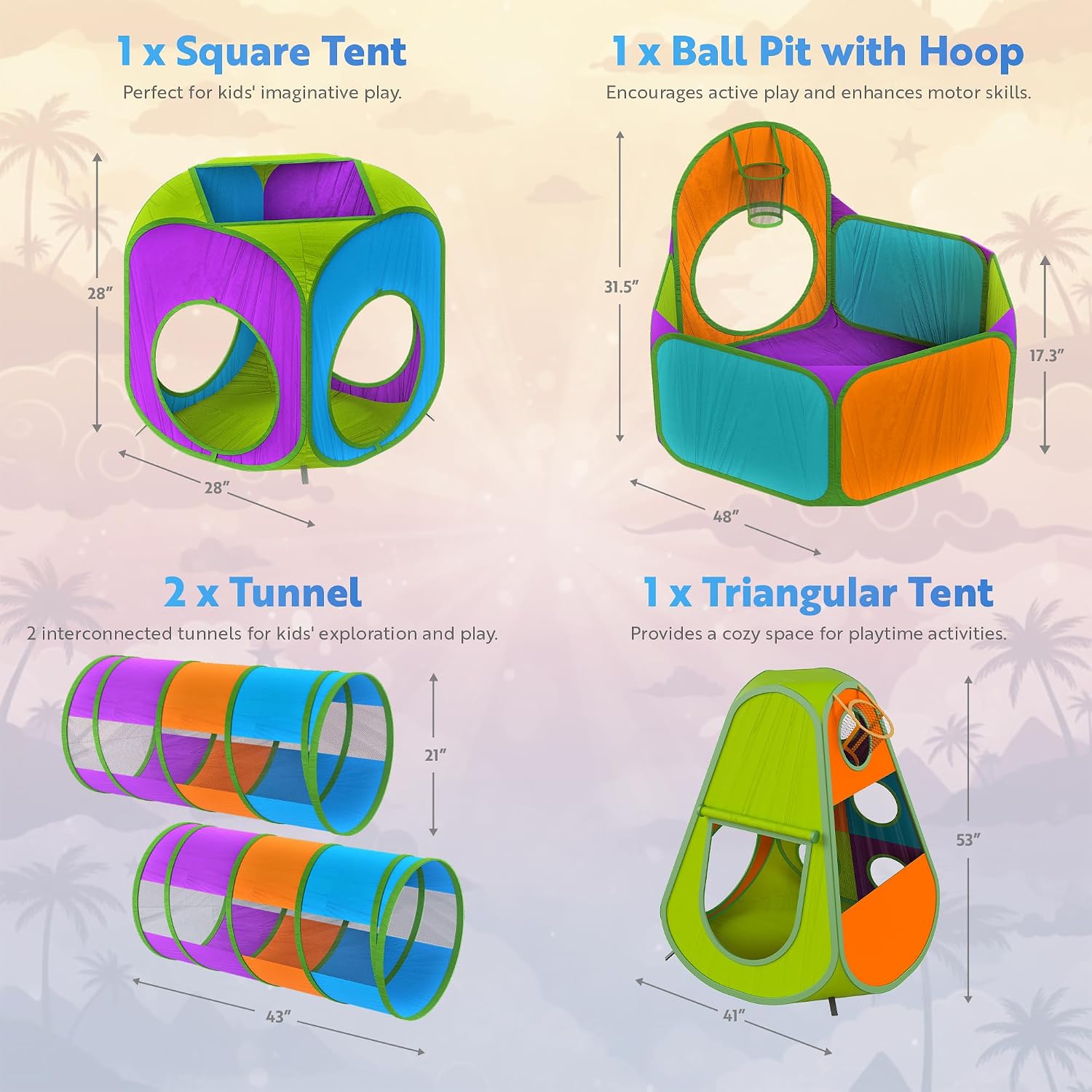 Detalle de Playz 5-Piece Kids Pop Up Play Tent, Crawl Tunnel, Ball Pit, and Basketball Hoop Set
