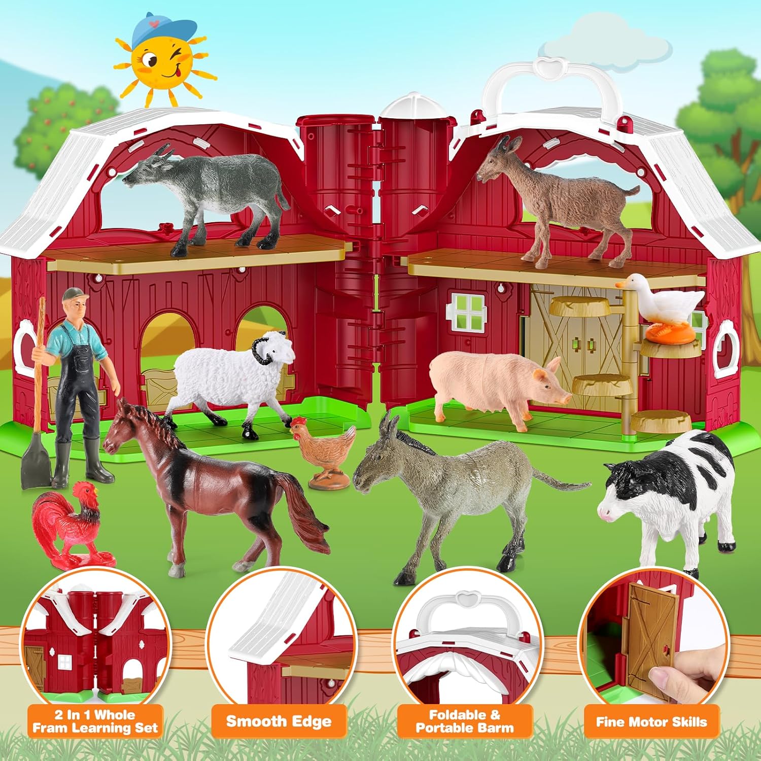 Detalle de HappyKidsClub Farm Animal Toys – Montessori Barn Playset for 1–4 Year Olds