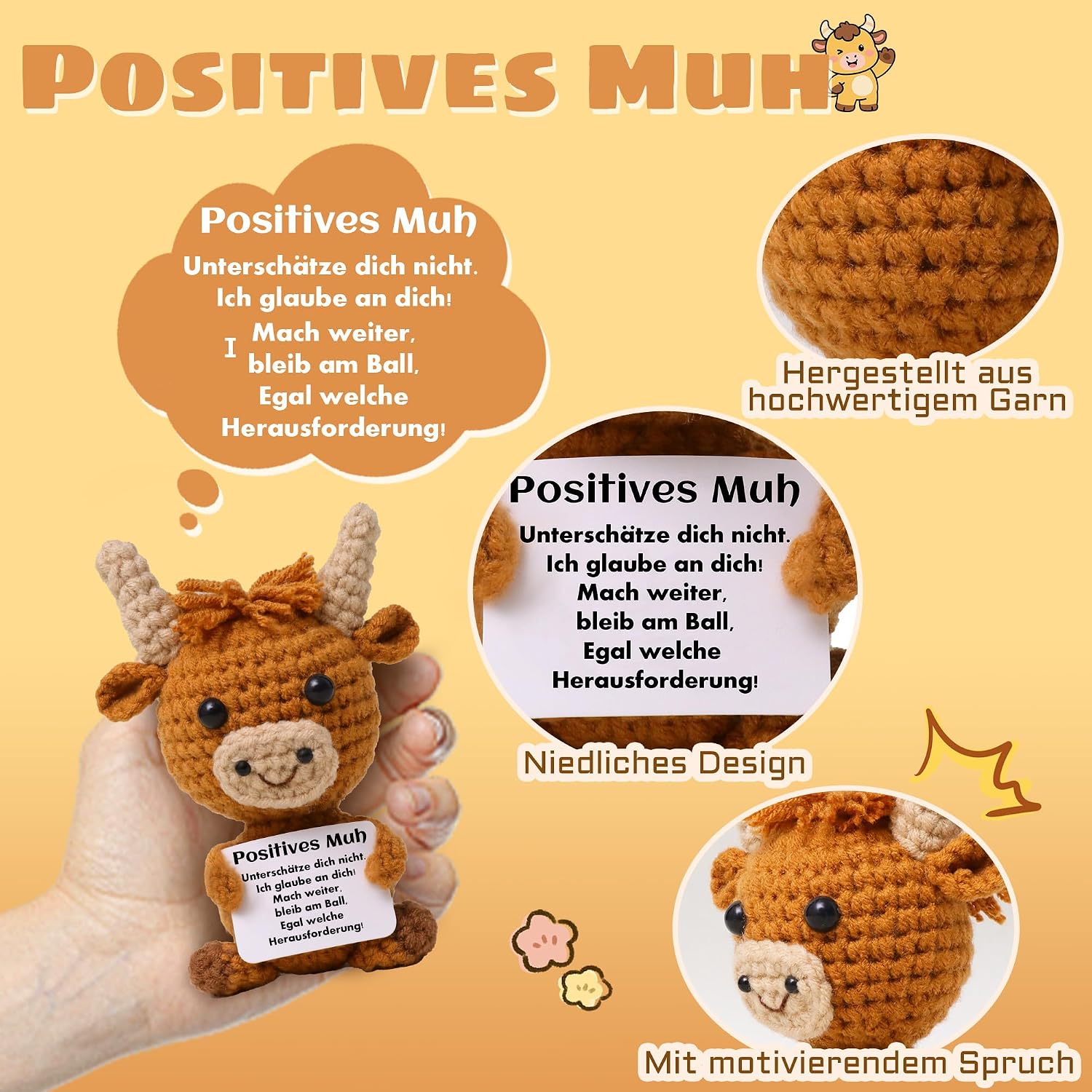Thumbnail 6 de Gehäkelte Highland Cow Kuh Mini-Strickpuppe mit positiver Energie Karte – Mini-Kuscheltier für Stressabbau