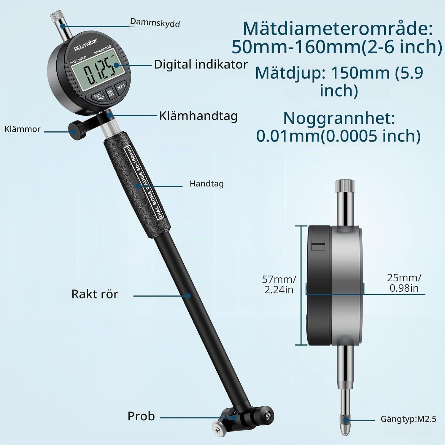 Detalle de ALLmeter digital hålmätare 50–160 mm, 0,01 mm och 12 mätsonder