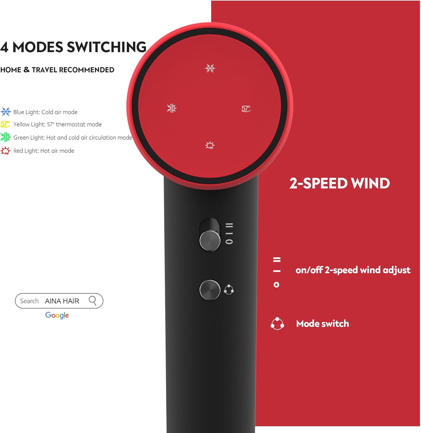 Thumbnail 2 de AINA High Speed Hair Dryer with Brushless Motor (1A Red) – Performance, portability and intelligent heat control