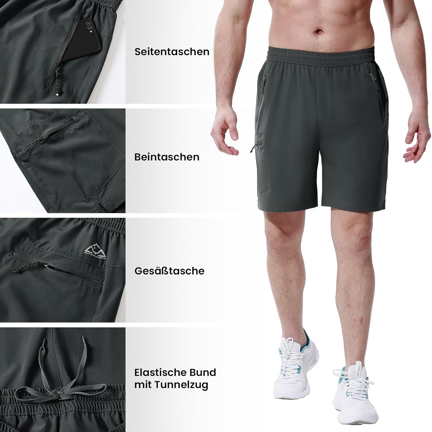 Thumbnail 4 de Rdruko Kurze Hosen Herren Sport Shorts Stretch – Wandern, Laufen und Outdoors mit 4 Reißverschlusstaschen