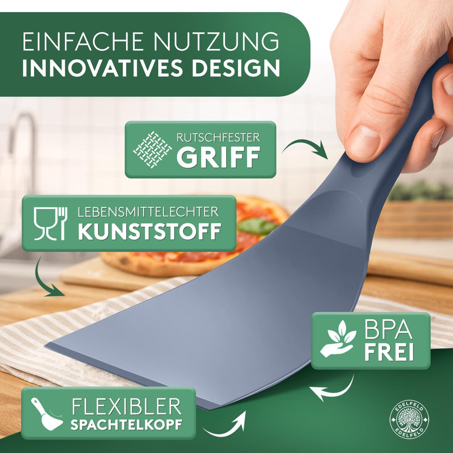 Detalle de Edelfeld flexibler Pizzateigspachtel mit Antihaftbeschichtung (10 cm) – spülmaschinengeeignet, lebensmittelecht