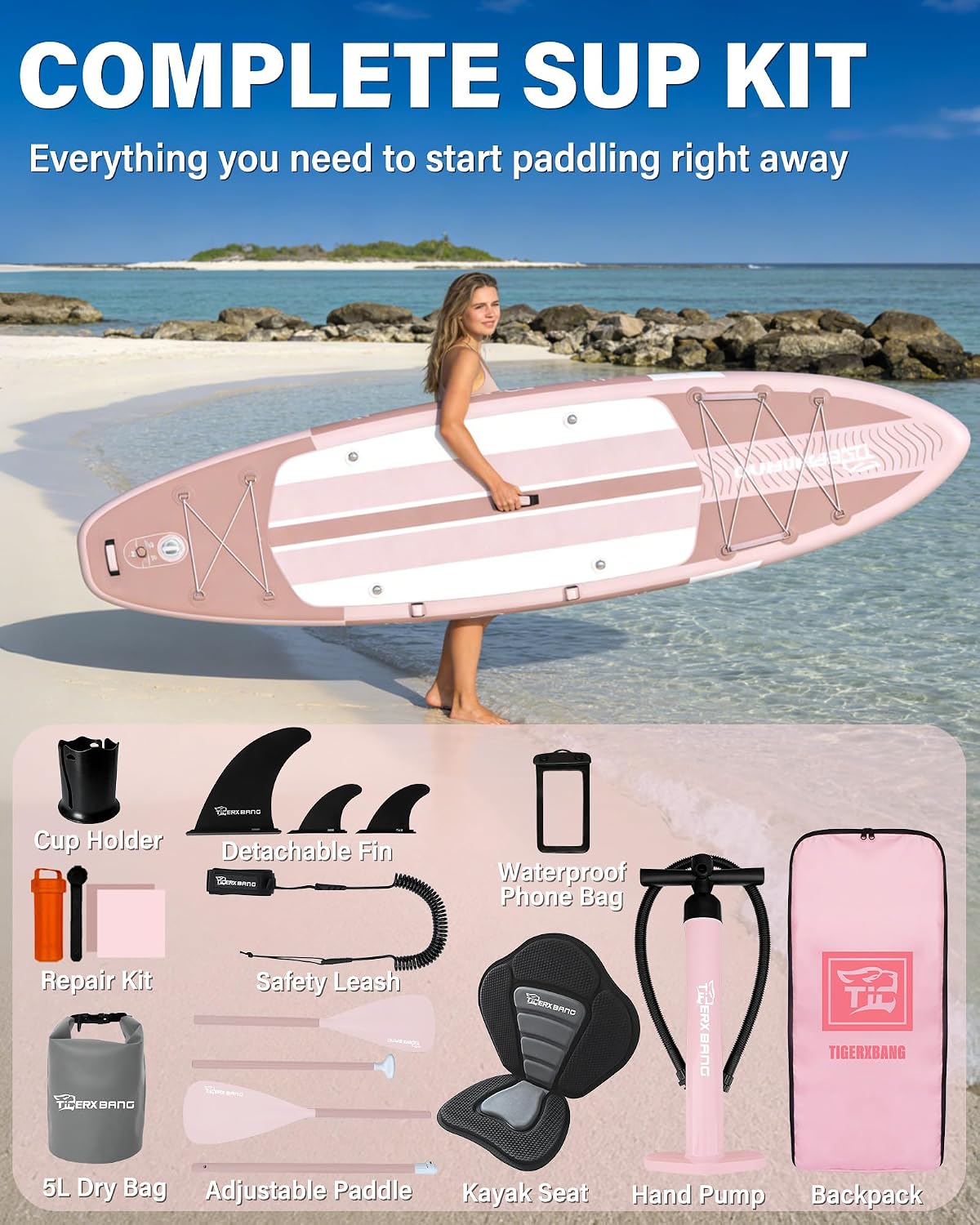 Thumbnail 6 de TIGERXBANG Aufblasbares Paddle Board mit Sitz – 335 x 86 x 15 cm, Komplettes ISUP-Set für 2+1 Personen