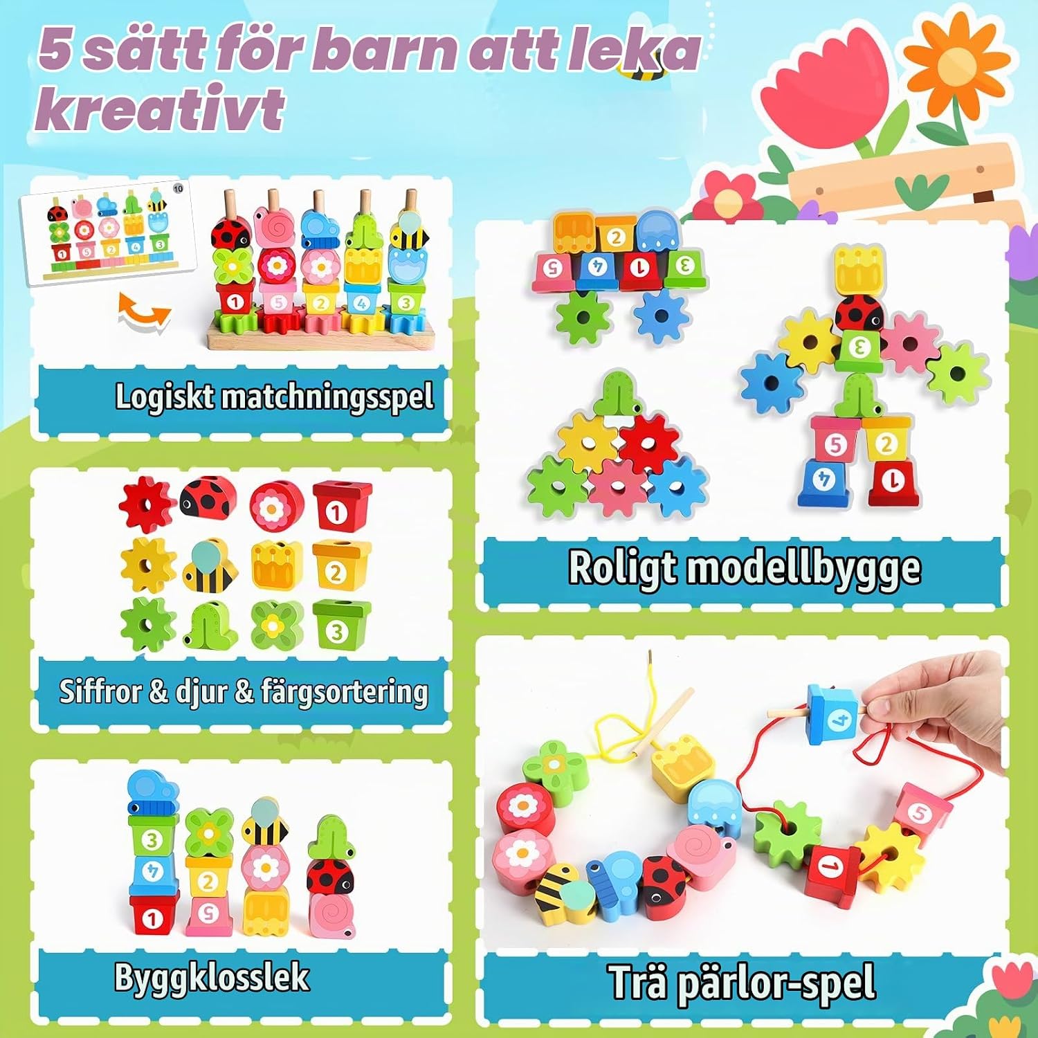 Detalle 2 de Montessori 2-i-1-leksak i trä – sorteringsspel och staplingslek för små barn
