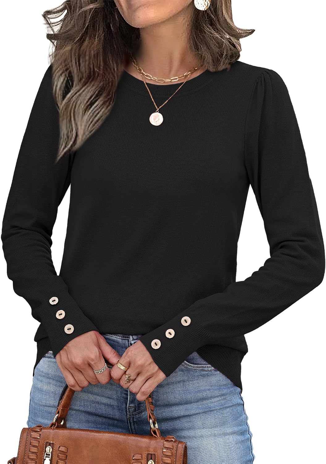 Detalle 2 de XIEERDUO Women's Knit Pullover Sweater with Long Sleeves and Button Cuffs