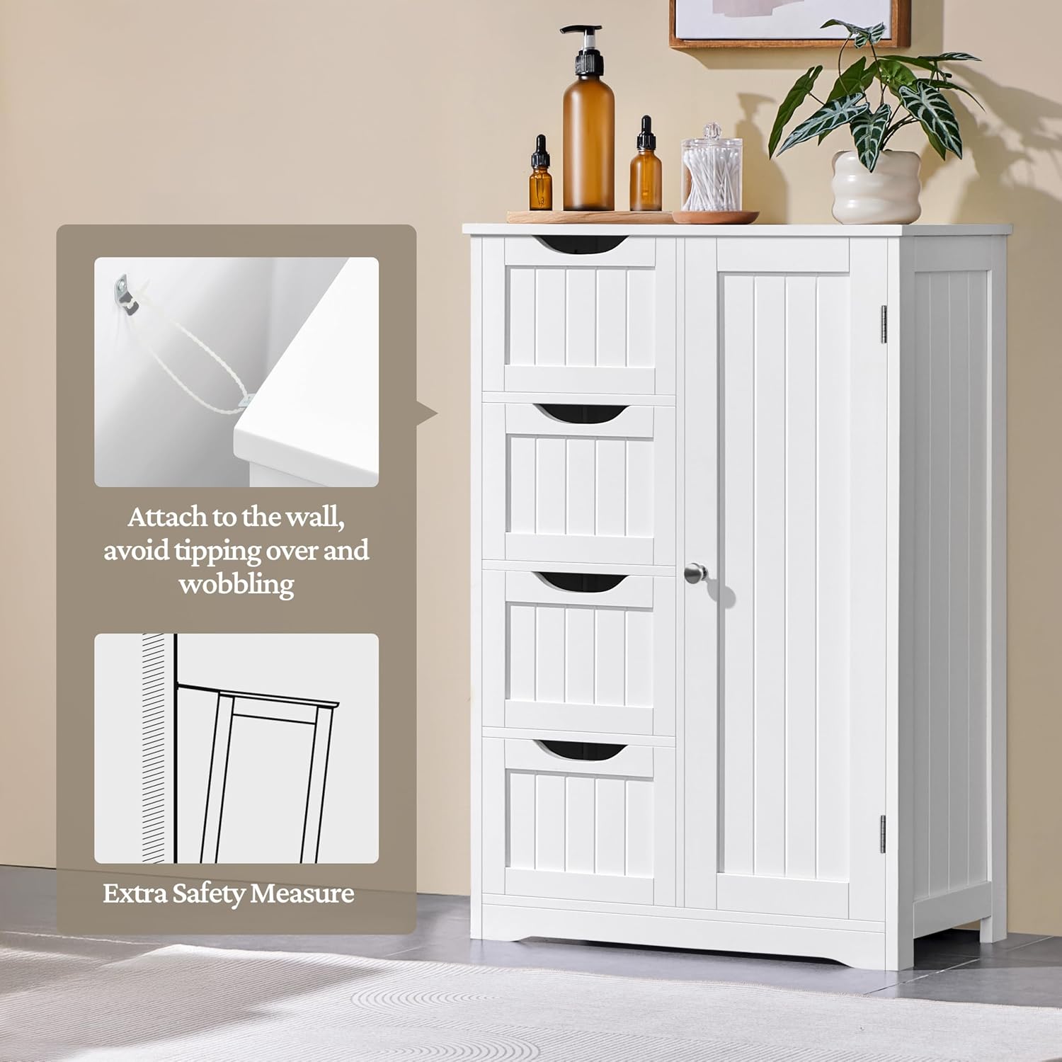 Thumbnail 3 de Yaheetech 611079 White Bathroom Floor Cabinet, 4 Drawers, Adjustable Shelf
