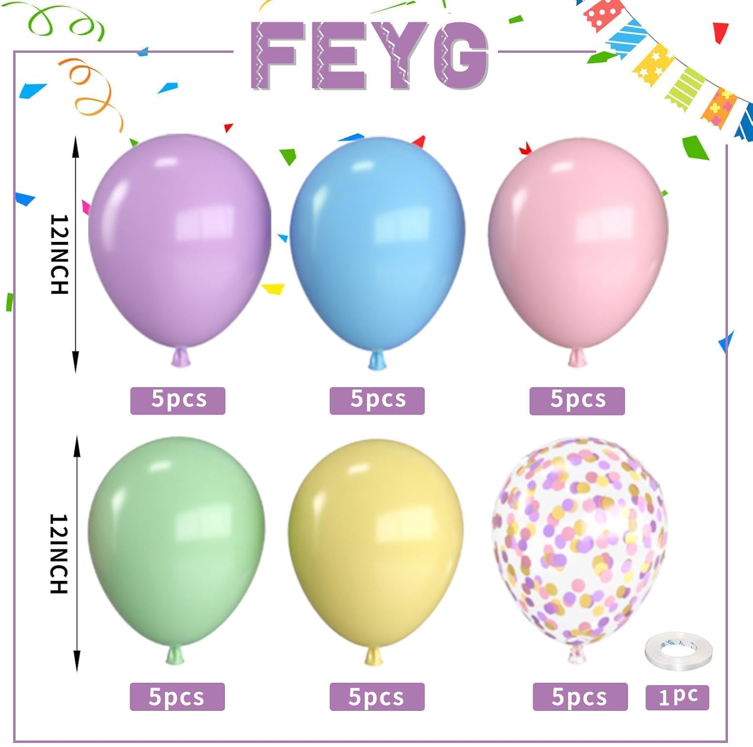 Detalle de Pastel Balloons 12-Inch Rainbow Macaron Kit (30 pcs) with Ribbon for Parties