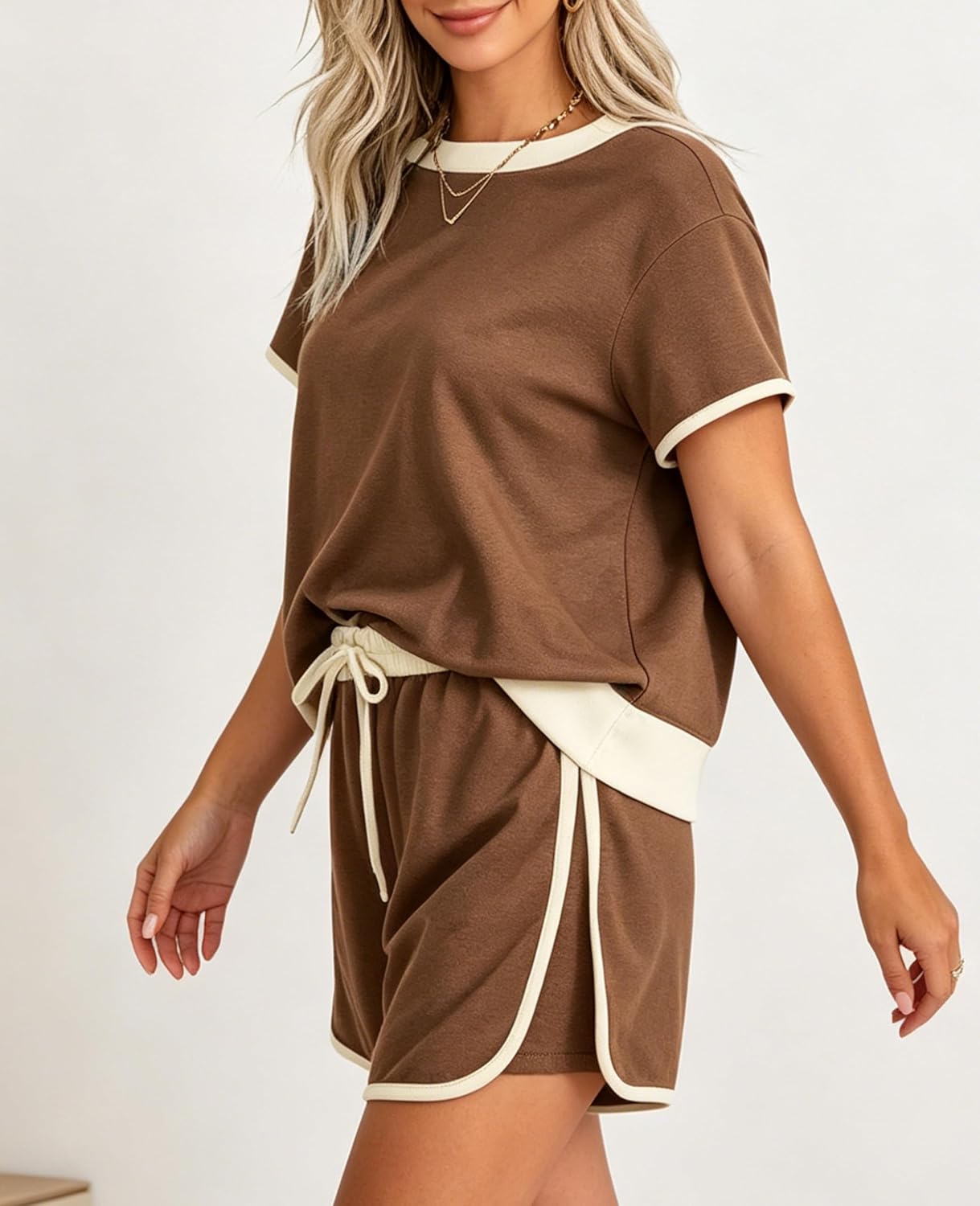 Detalle de SELINK Women’s 2-Piece Colorblock Lounge Set: Skirt + Skort, Drop Shoulder Tee for Summer