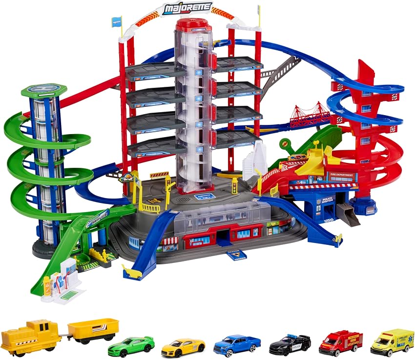 Detalle de Majorette Garaje Super City 7 Plantas con 6 coches y tren motorizado para niños 128 x 78 x 73 cm
