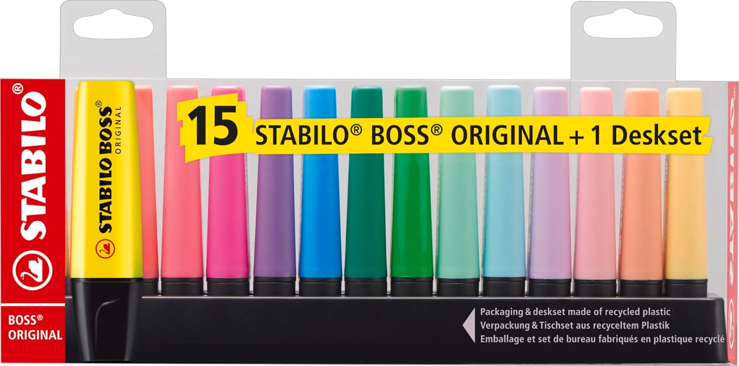 Thumbnail 1 de STABILO BOSS ORIGINAL Desk-Set 15 Colori Assortiti (9 Neon + 6 Pastel) – Evidenziatore ricaricabile