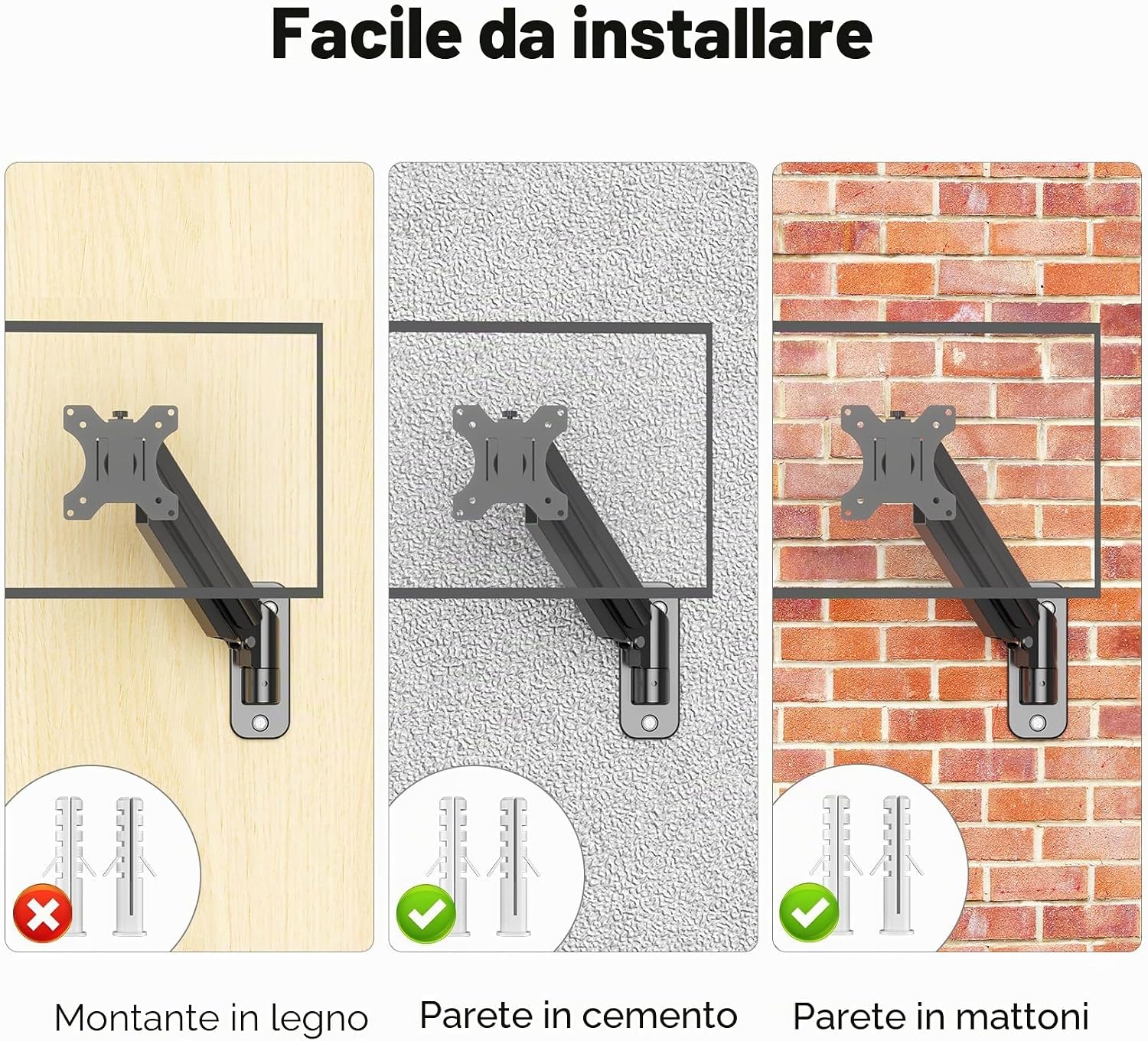 Detalle de Suptek Supporto da parete per monitor 13–32 pollici con molla a gas, inclinabile, ruotabile e regolabile in altezza