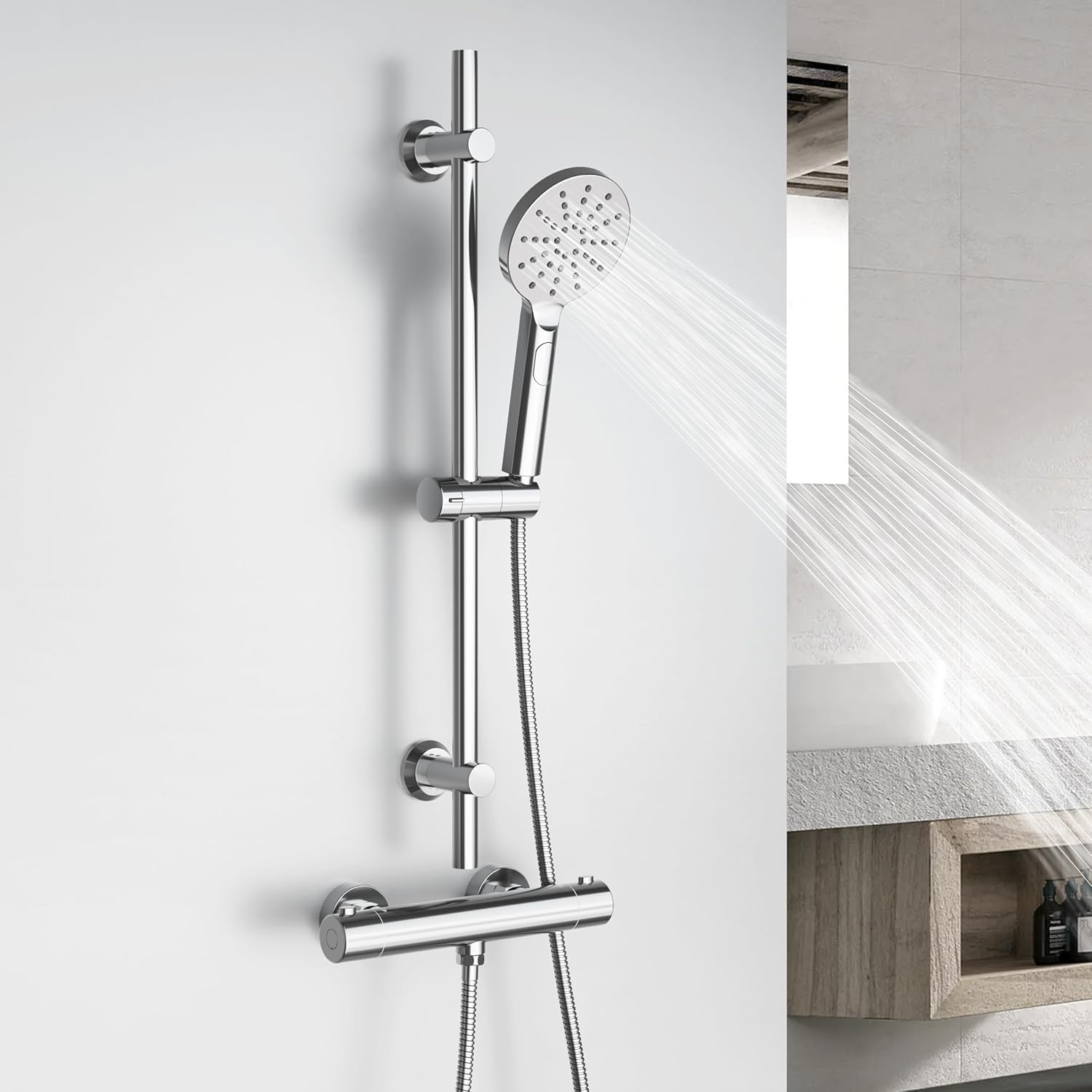 Detalle 2 de Görbach Colonna Doccia con Miscelatore Termostatico: set completo in acciaio inox con doccetta, tubo 150 cm e asta 70 cm