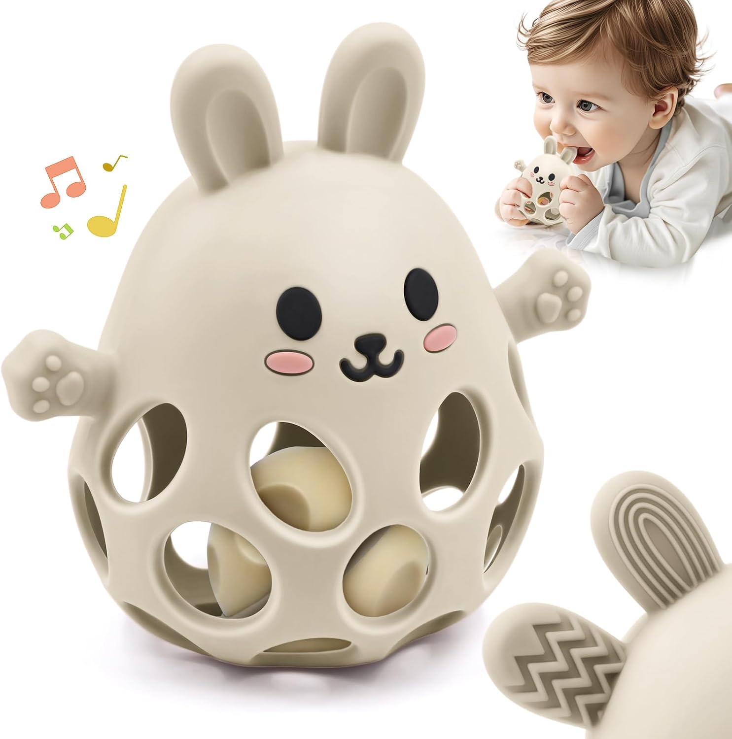 Detalle de Baby Sensory Teething Toy with Rattle: Silicone Bunny Chew for 3–18 Months