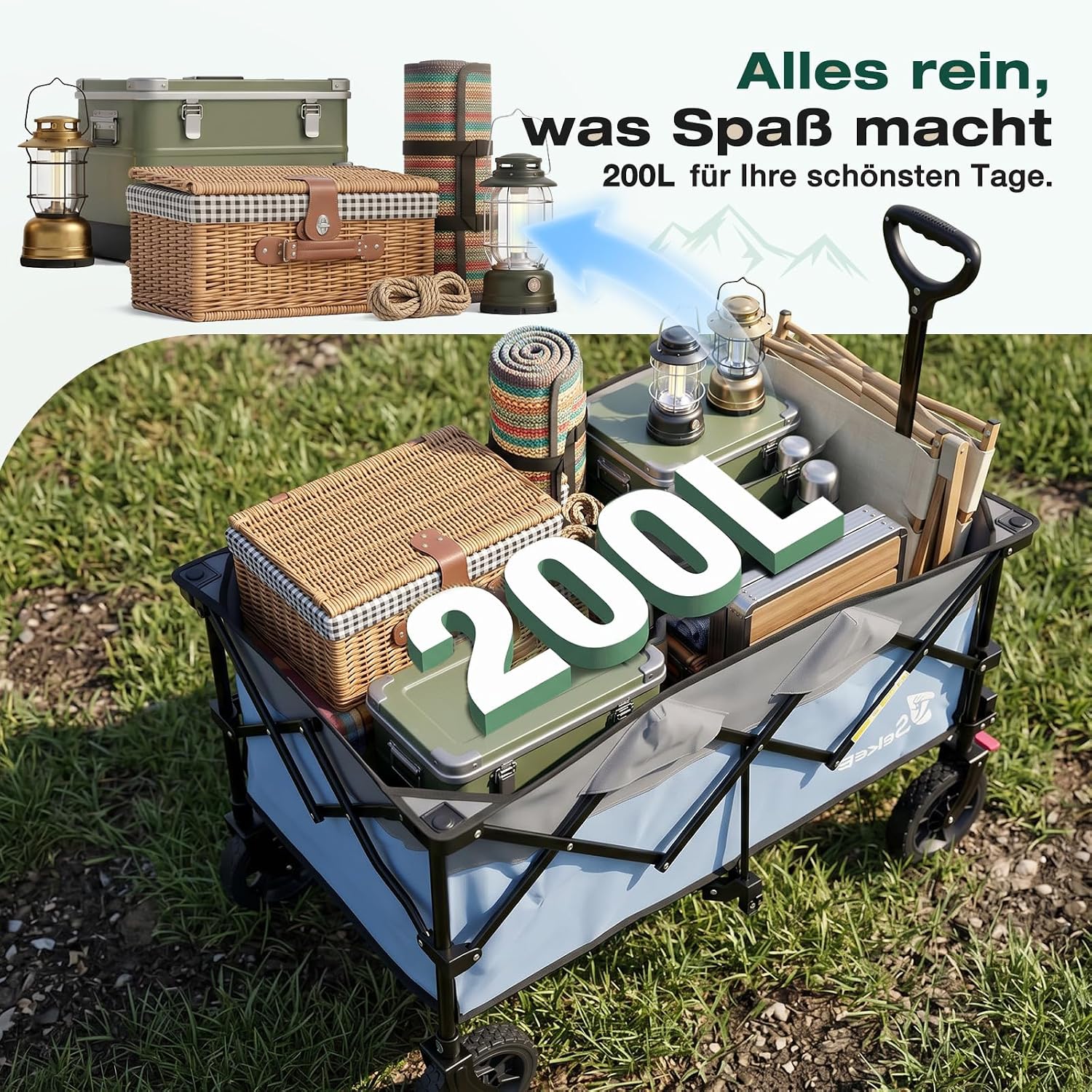 Detalle de Sekey XXL Plus Bollerwagen XXL-PlusG 4010 faltbar (200 l, 200 kg) mit Bremsen – geländetauglich, blau