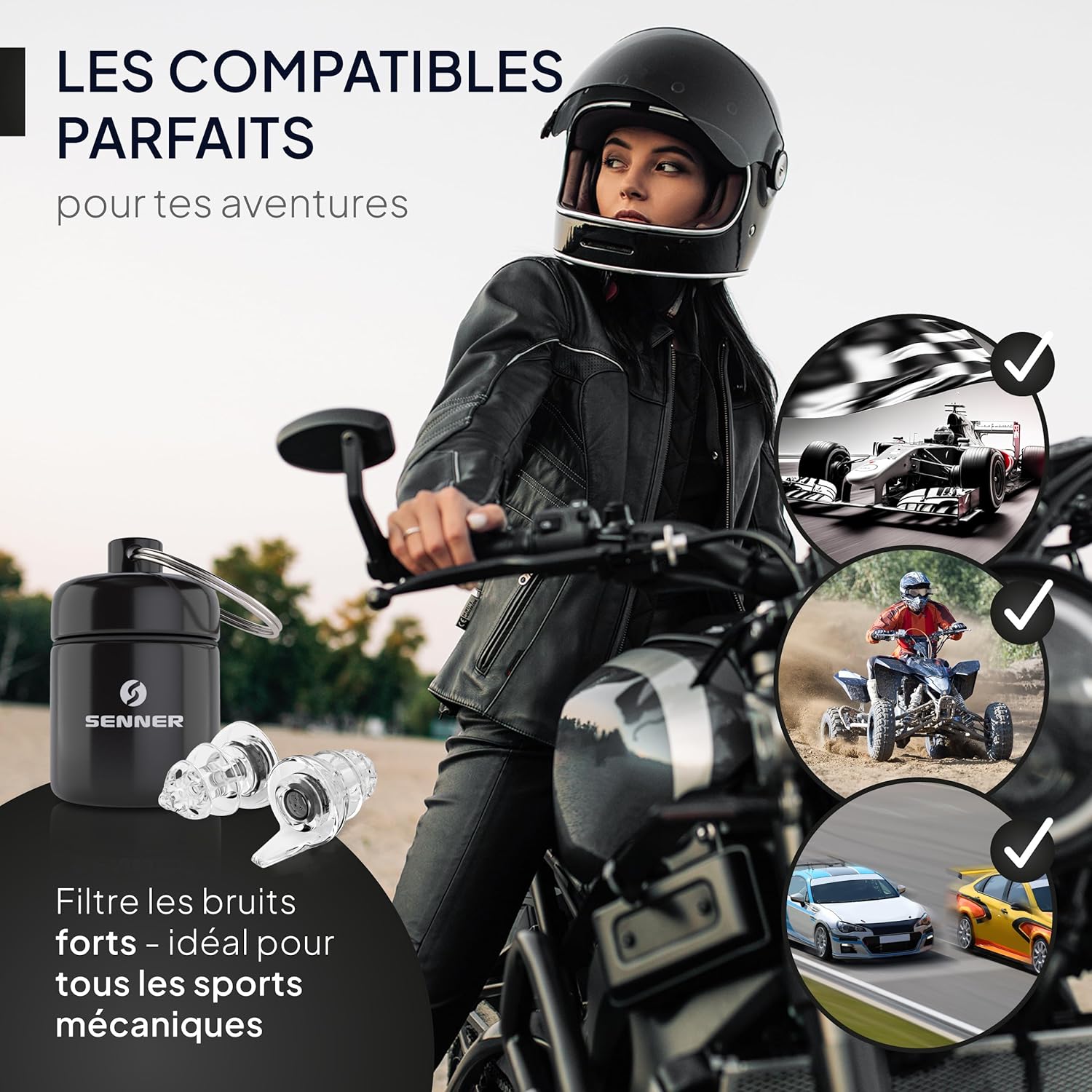 Detalle 1 de Senner MotoPro : bouchons d’oreille pour moto avec étui aluminium, SNR 17 dB