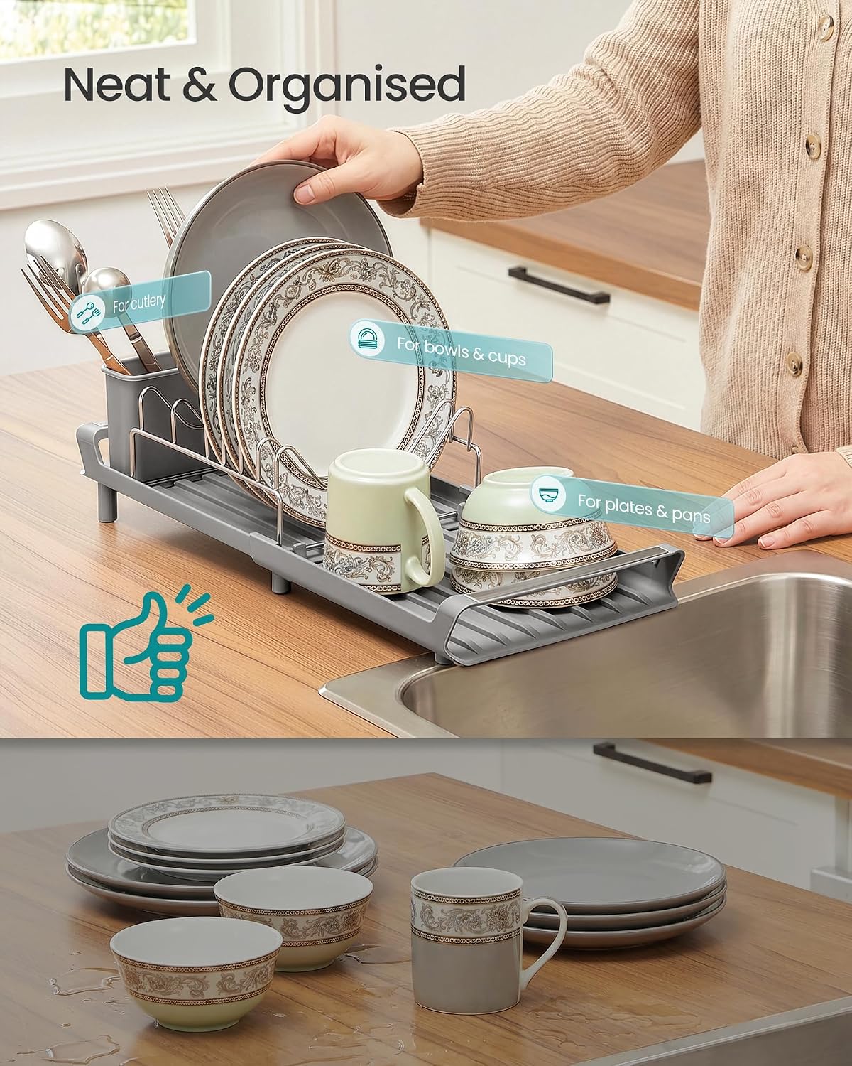 Thumbnail 5 de SONGMICS Expandable Dish Drainer Rack with Removable Cutlery Holder (KCS044G101)