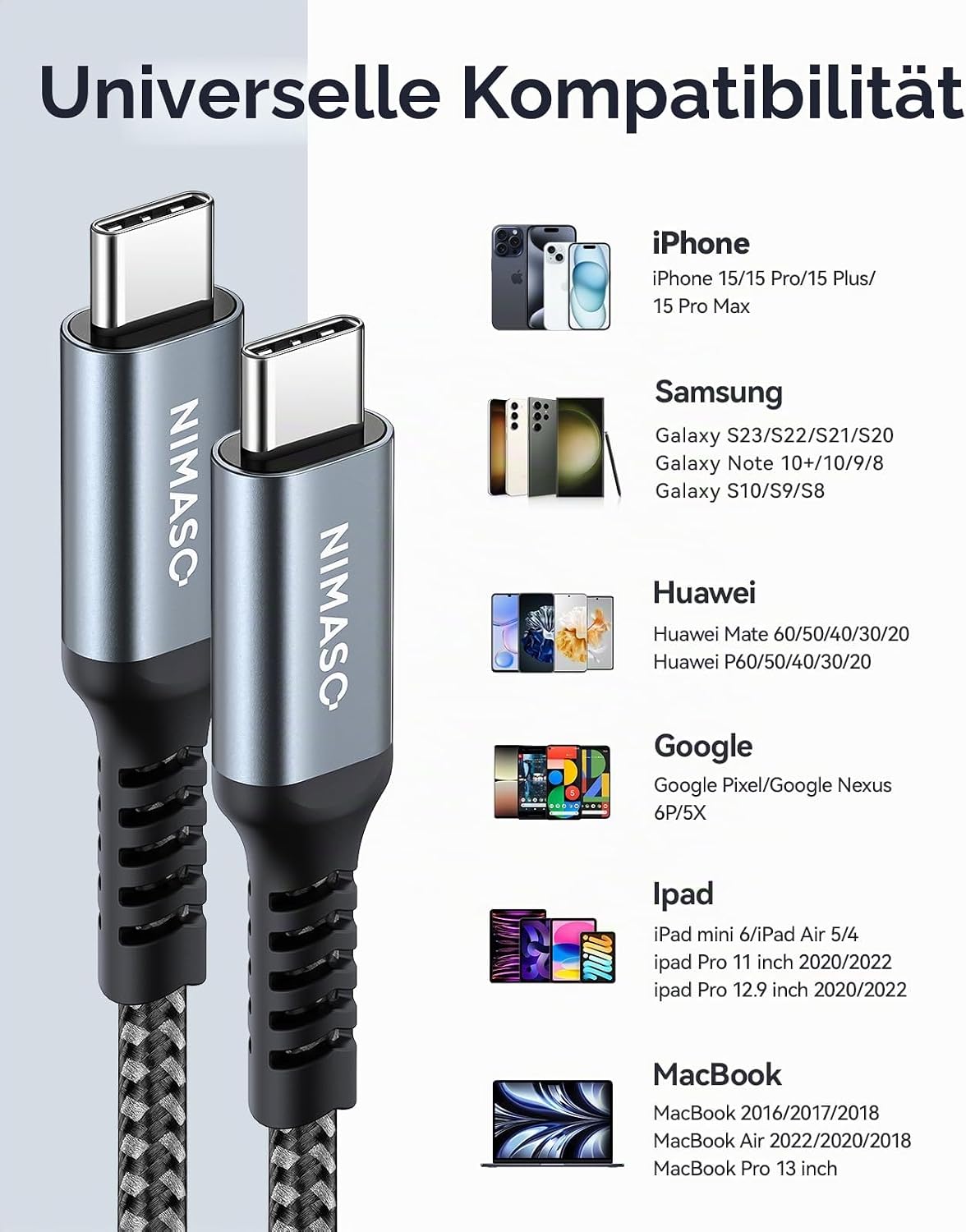 Detalle de Nimaso USB C auf USB C Kabel 1M Packung (3 Stück) – PD 60W Schnellladen & Datenübertragung