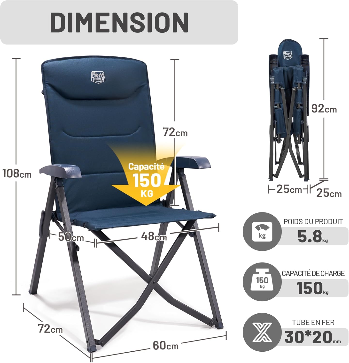 Thumbnail 1 de TIMBER RIDGE Chaise pliante camping portable 150 kg, dossier haut 4 positions