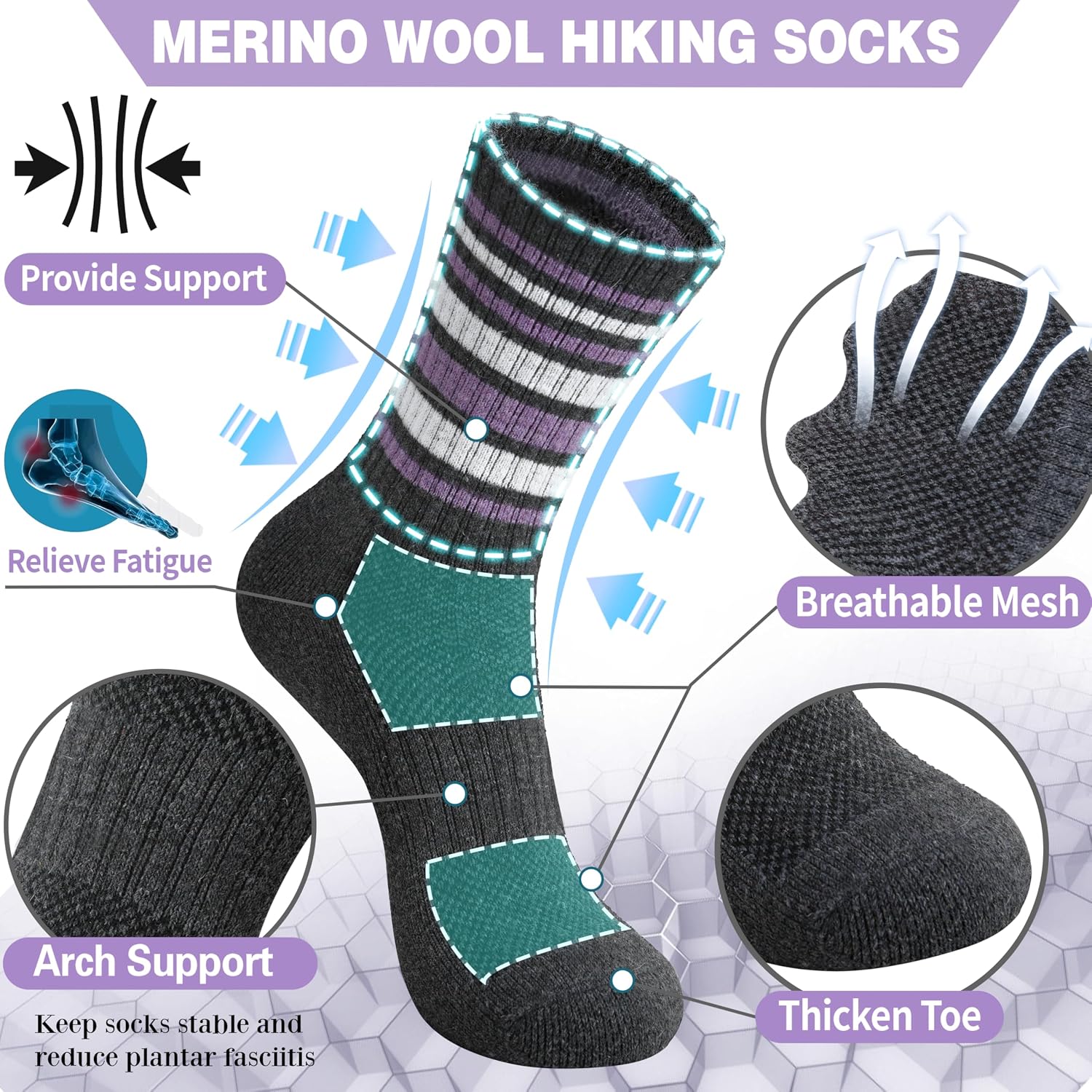 Detalle de EBMORE Merino Wool Thermal Hiking Socks 5 pairs