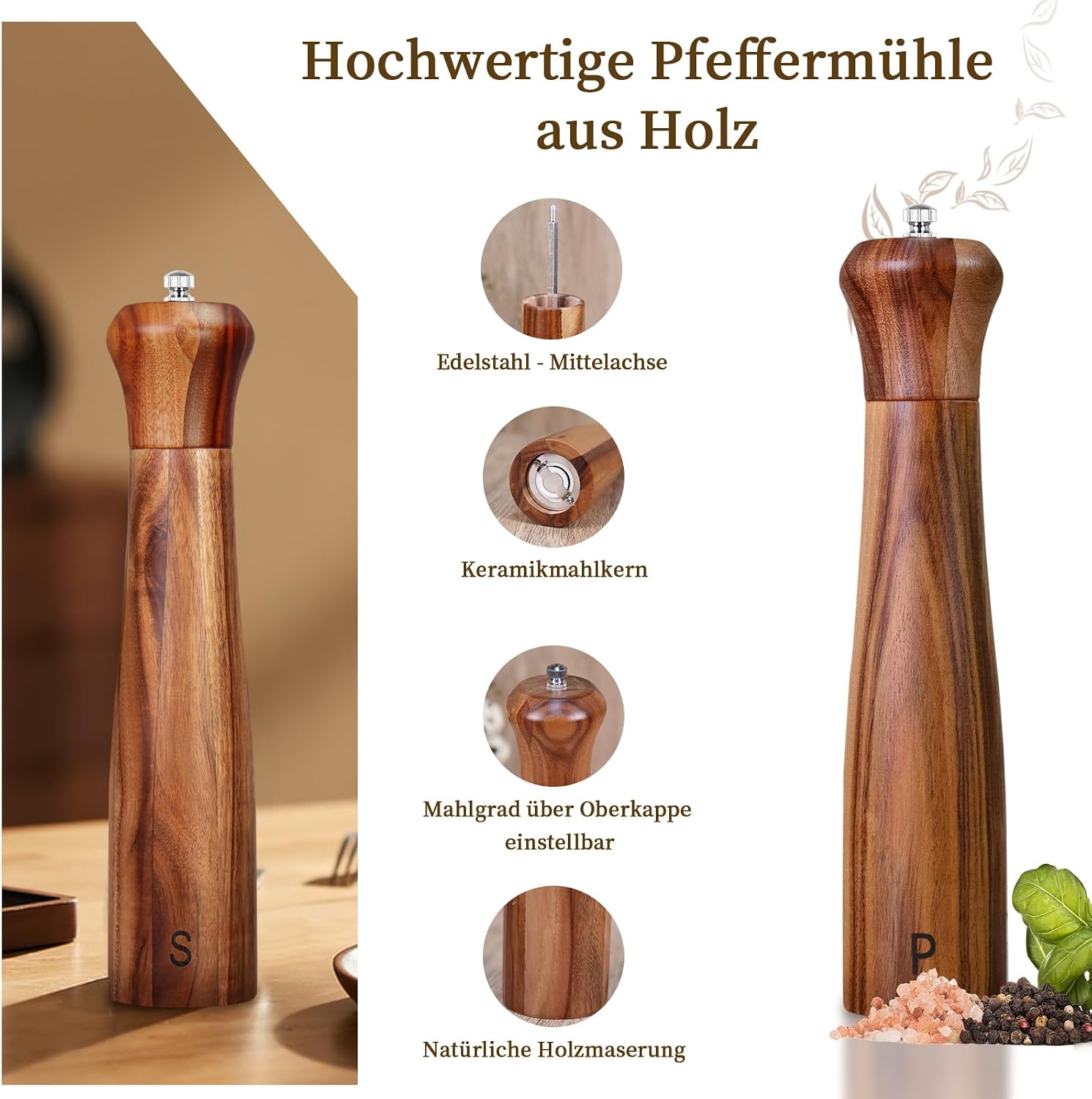 Thumbnail 3 de Haomacro zout- en pepermolenset van acaciahout, 25,5 cm, keramisch maalwerk