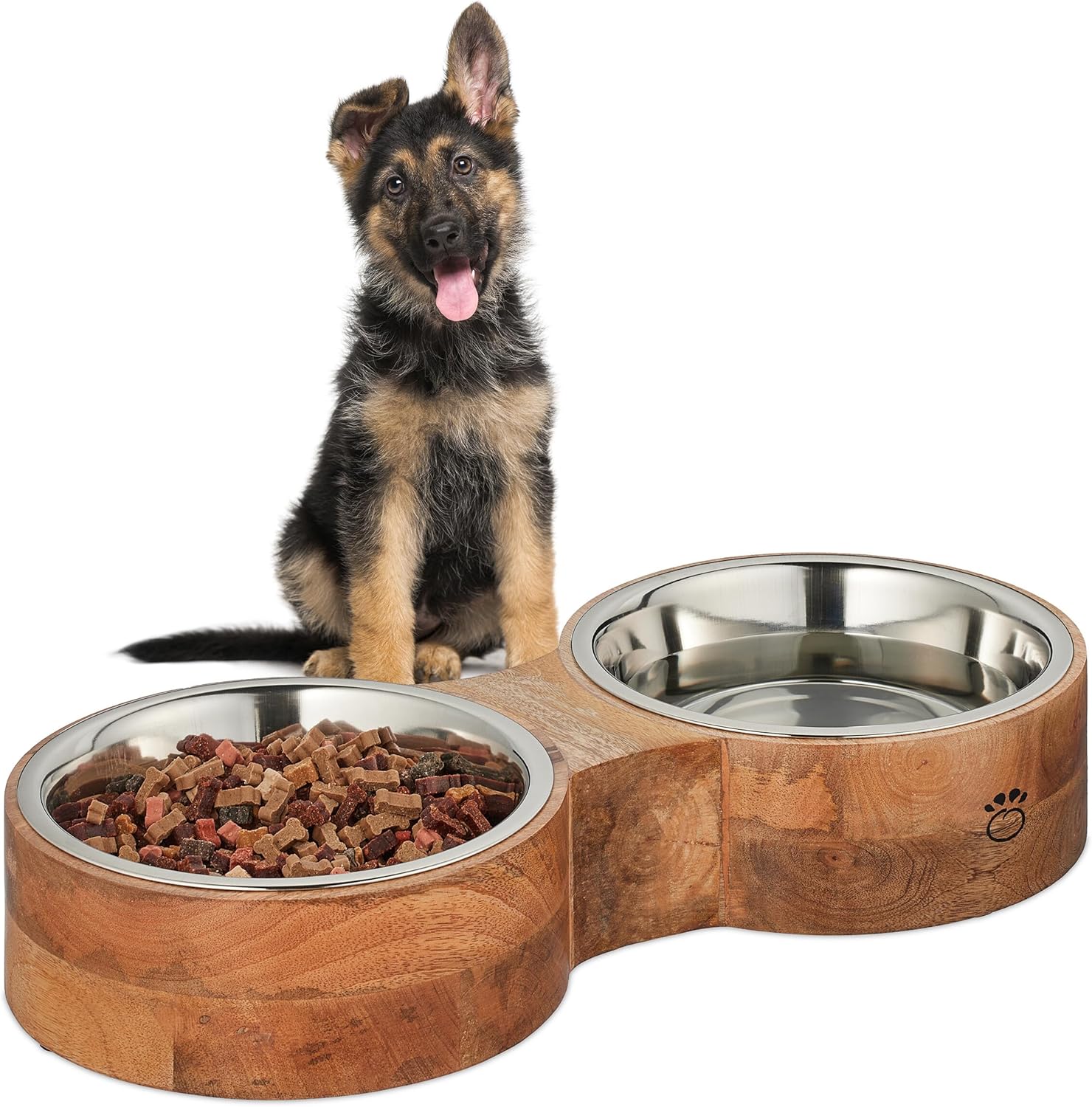 Relaxdays Hundenapfbar mit 2 Edelstahlnäpfen (2 x ca. 2,2 l) – Futterbar Natur/Silber für mittelgroße & große Hunde