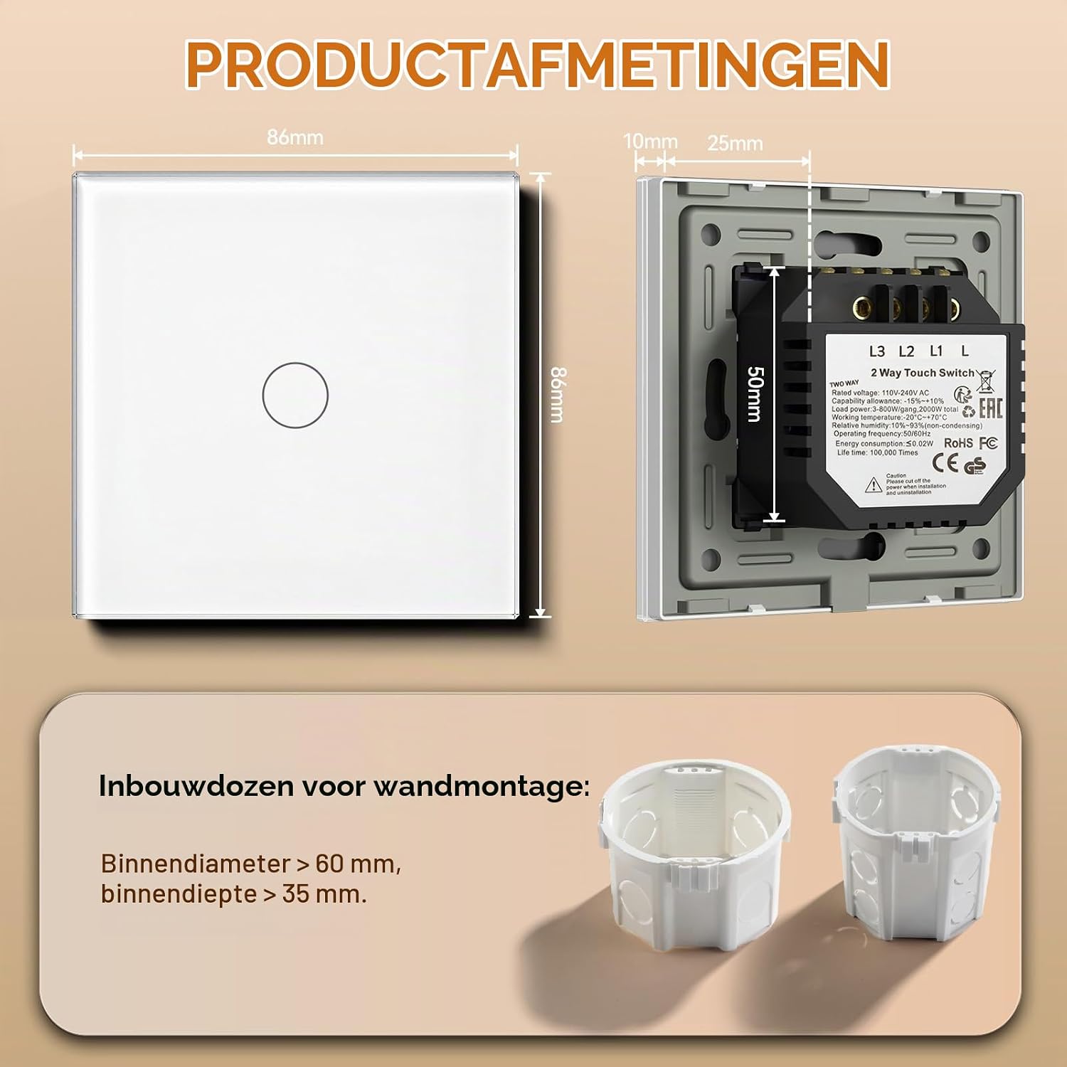 Detalle de BSEED Touch inbouwschakelaar met glazen paneel, led-indicator en 1 schakelaar