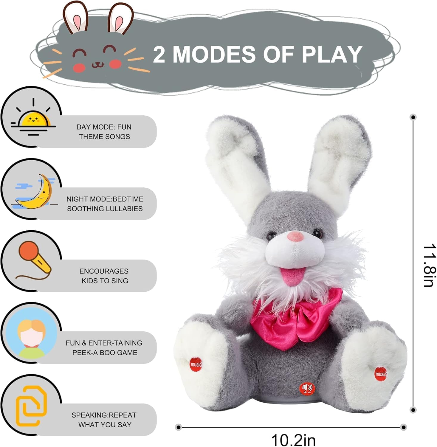 Detalle de seOSTO Bunny Peek-A-Boo Talking Toy: Repeat What You Say, Singing 15 English Songs