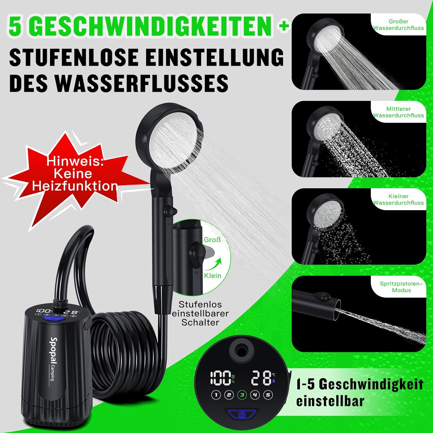 Thumbnail 2 de Spopal Campingdusche Aktualisierte Version – Tragbare Dusche mit 10000 mAh Akku, IPX8, 5-Stufen-Durchfluss