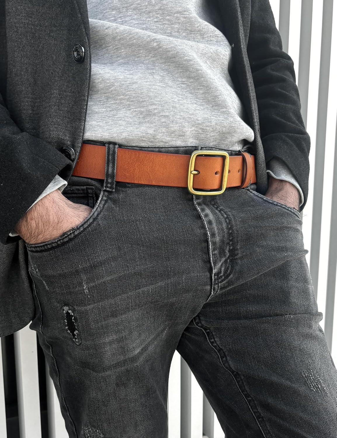 Thumbnail 1 de wolksprong Full-Grain Leather Men's Belt, 4 mm, Solid Brass Buckle