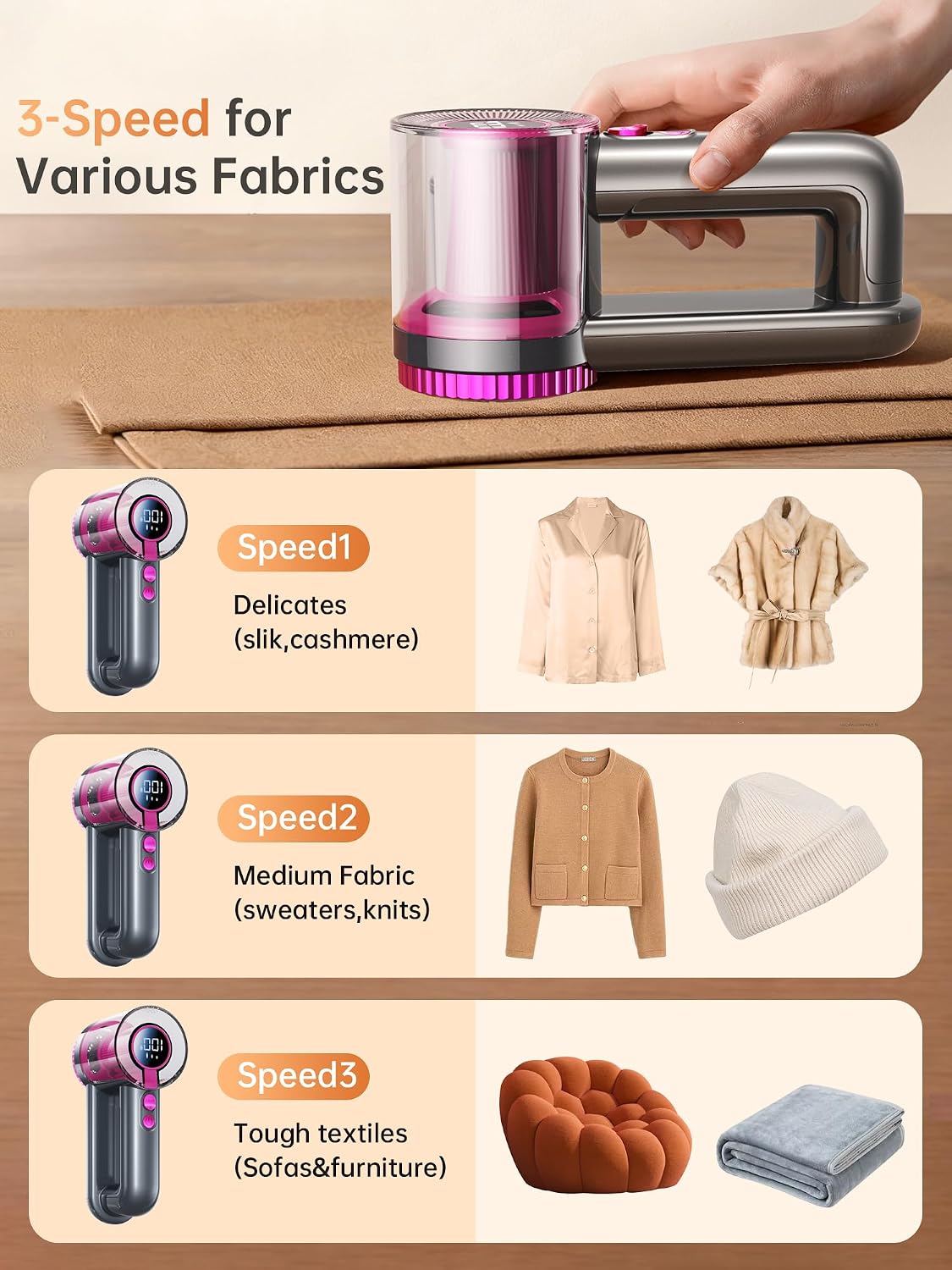 Detalle de DRFLASH 2-in-1 Fabric Shaver Rechargeable – 3 Speeds with LED Display and Type-C Fast Charge