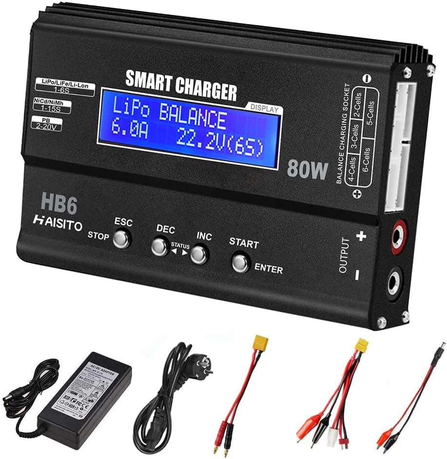 Detalle de Haisito Lipo Ladegerät 80W 6A Balancer für LiPo/Li-Ion/LiFe (1–6S) sowie NiMH/NiCd (1–15S) mit LED-Bildschirm