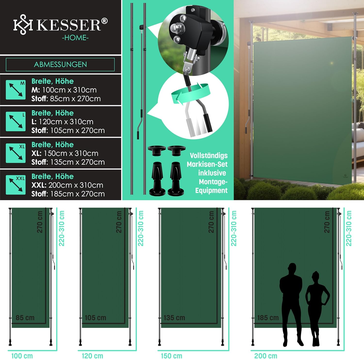 Thumbnail 6 de KESSER® Toldo vertical con pinza 🌂 100x310 cm, resistente al viento