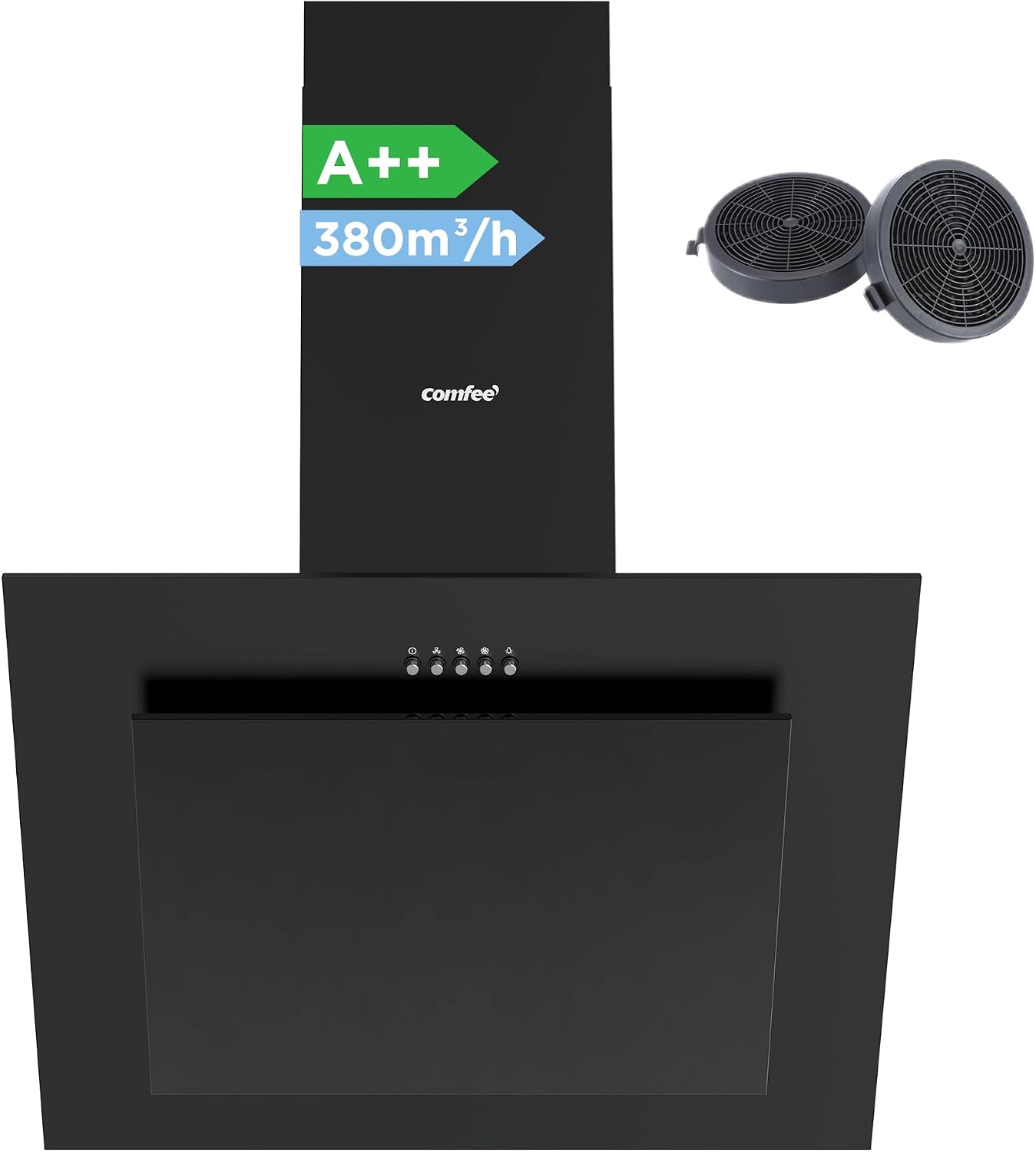 Detalle de COMFEE' CH60J78EM4A2B Dunstabzugshaube 60 cm – Kopffreihaube, Umluft/Abluft, 380 m³/h, LED, Aktivkohlefilter, Schwarz